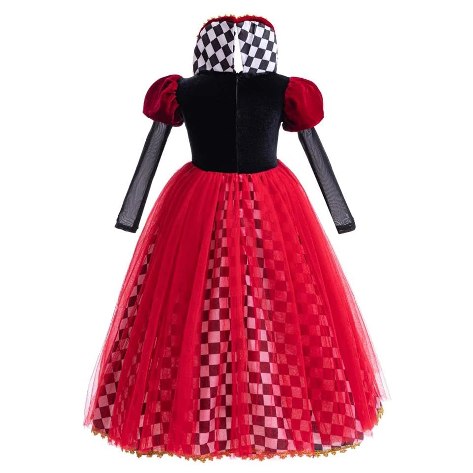 Girls Queen of Hearts Cosplay Dress Black White Checkered Skirt with Red Tulle Kids Halloween Costume Theme Party Outfit