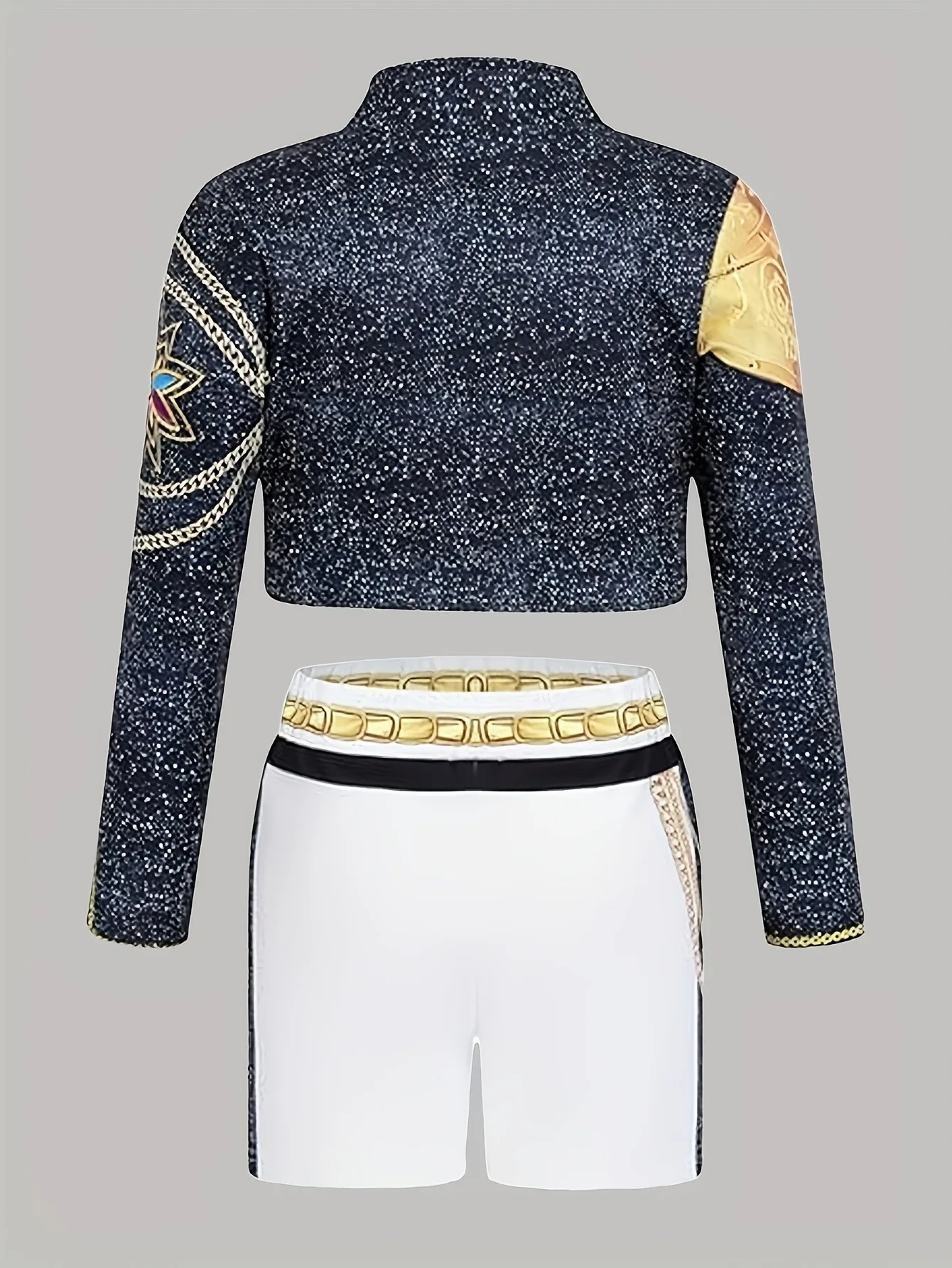 Trendy Girls 3Pcs Glitter Gold-Trim Jacket & Shorts Outfit with Chain Details for Cheer & Dance Recitals