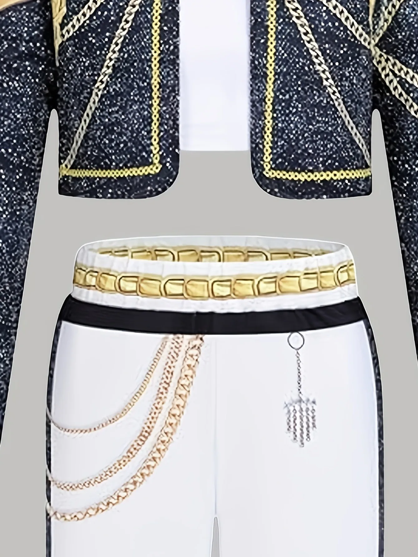 Trendy Girls 3Pcs Glitter Gold-Trim Jacket & Shorts Outfit with Chain Details for Cheer & Dance Recitals