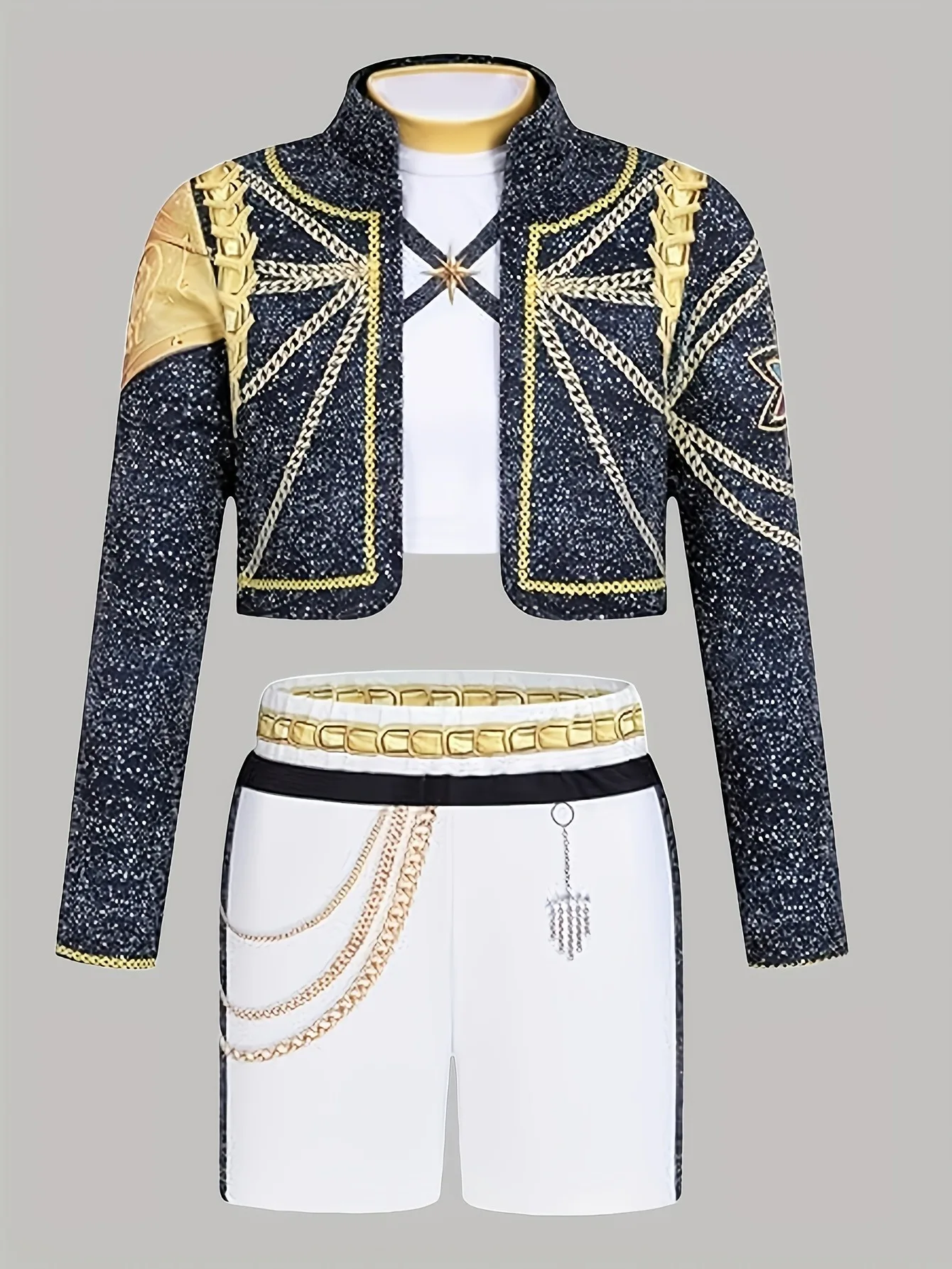 Trendy Girls 3Pcs Glitter Gold-Trim Jacket & Shorts Outfit with Chain Details for Cheer & Dance Recitals