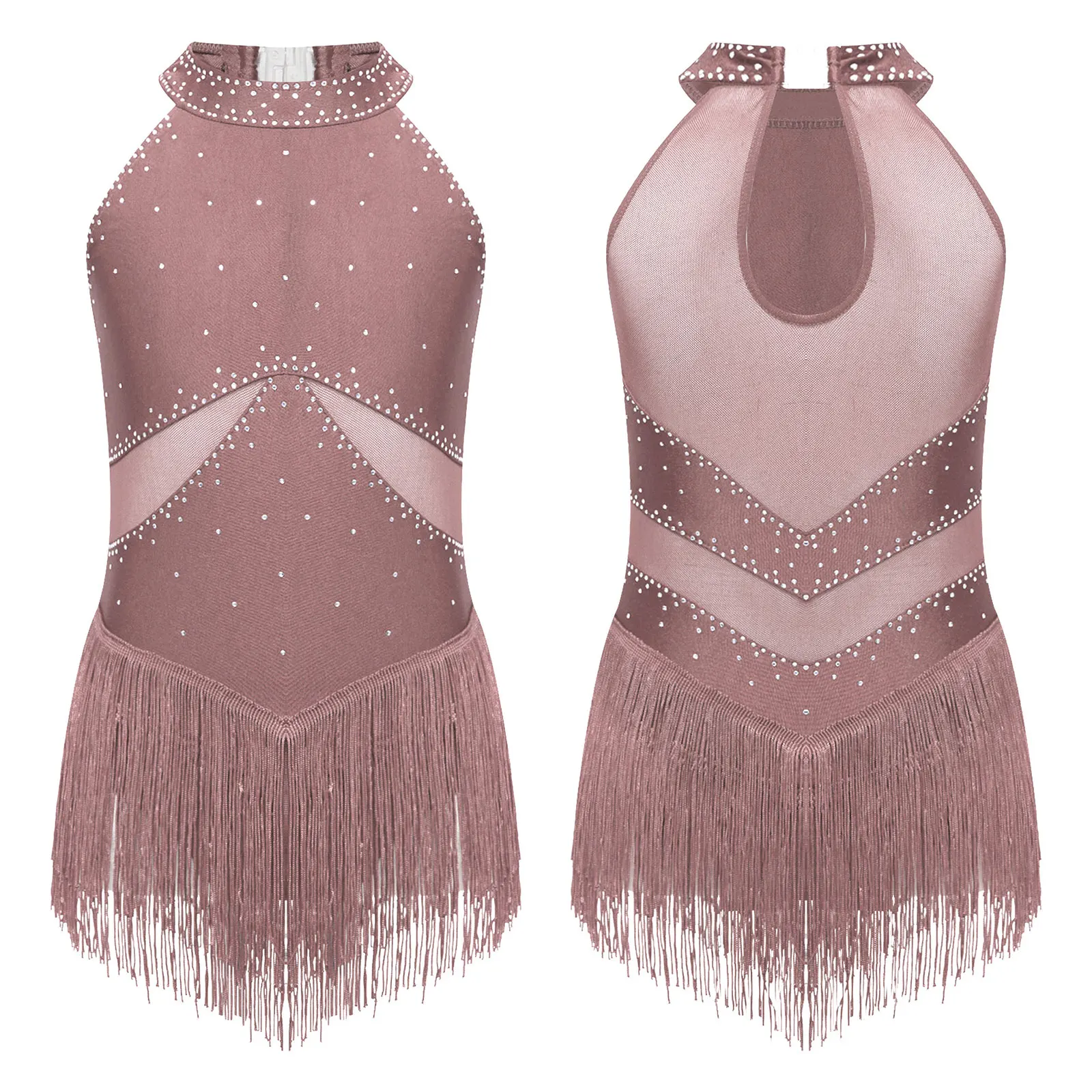 6-16Y Kids Girls Jazz Latin Dance Bodysuit Cha-cha Samba Rumba Tango Ballroom Dancewear Sleeveless Shiny Tassels Leotard Dress