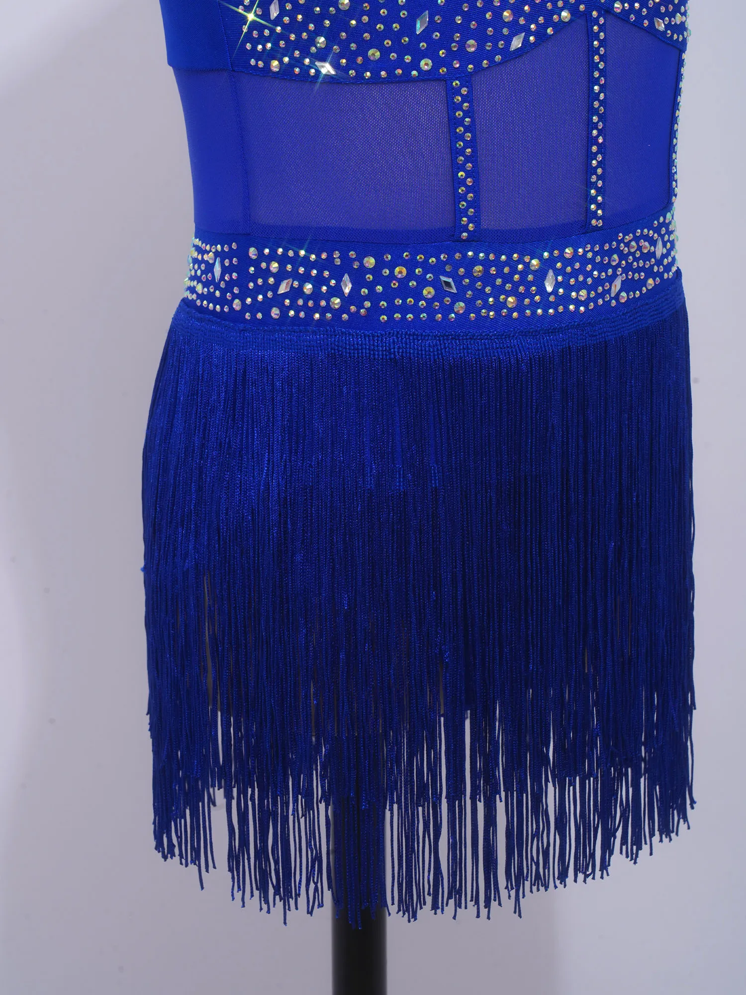 6-16Y Kids Girls Jazz Latin Dance Bodysuit Cha-cha Samba Rumba Tango Ballroom Dancewear Sleeveless Shiny Tassels Leotard Dress