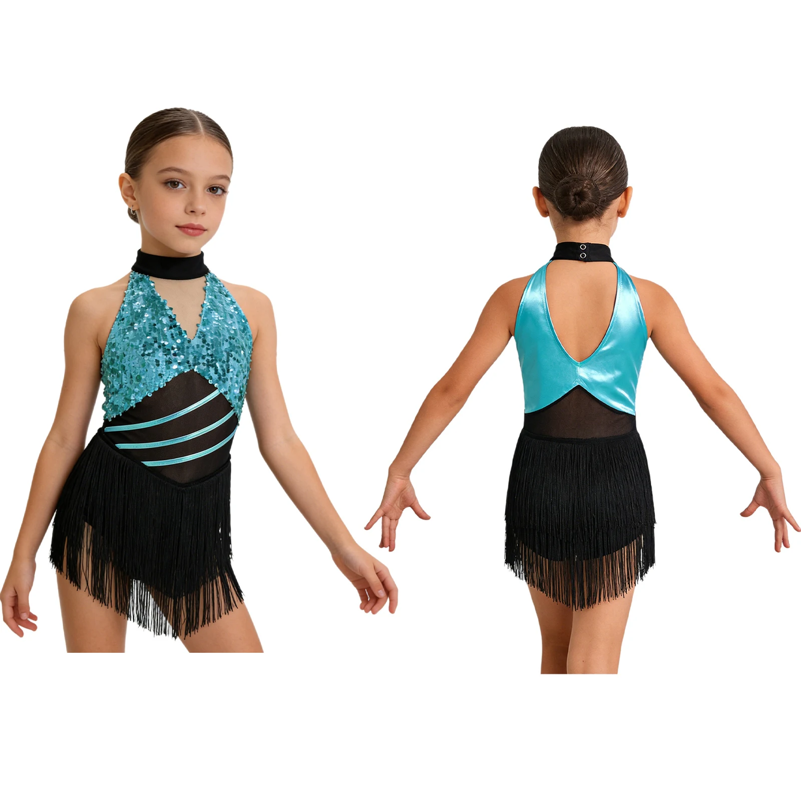6-16Y Kids Girls Jazz Latin Dance Bodysuit Cha-cha Samba Rumba Tango Ballroom Dancewear Sleeveless Shiny Tassels Leotard Dress
