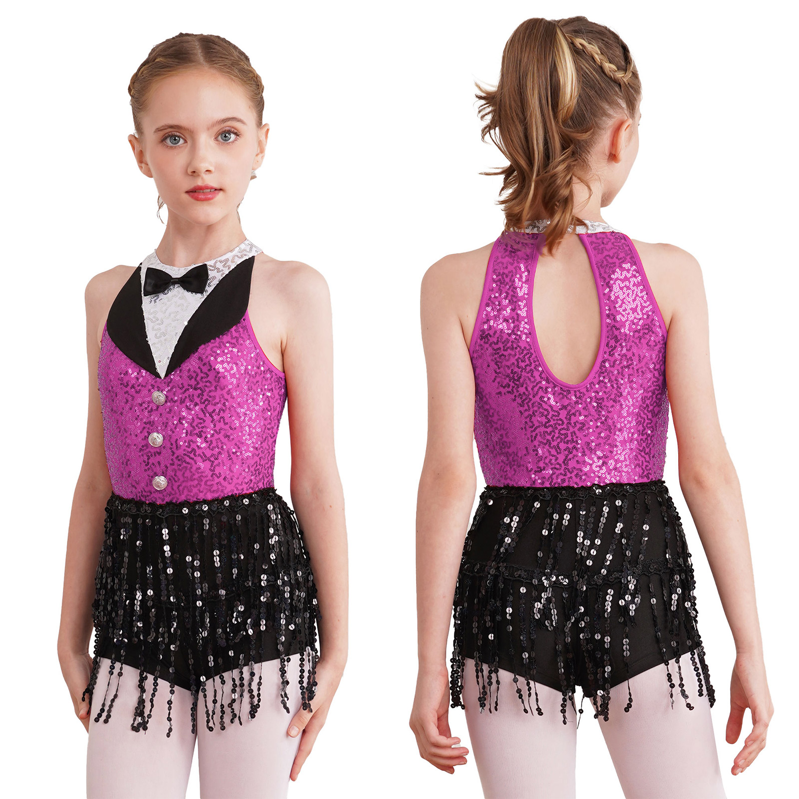 6-16Y Kids Girls Jazz Latin Dance Bodysuit Cha-cha Samba Rumba Tango Ballroom Dancewear Sleeveless Shiny Tassels Leotard Dress