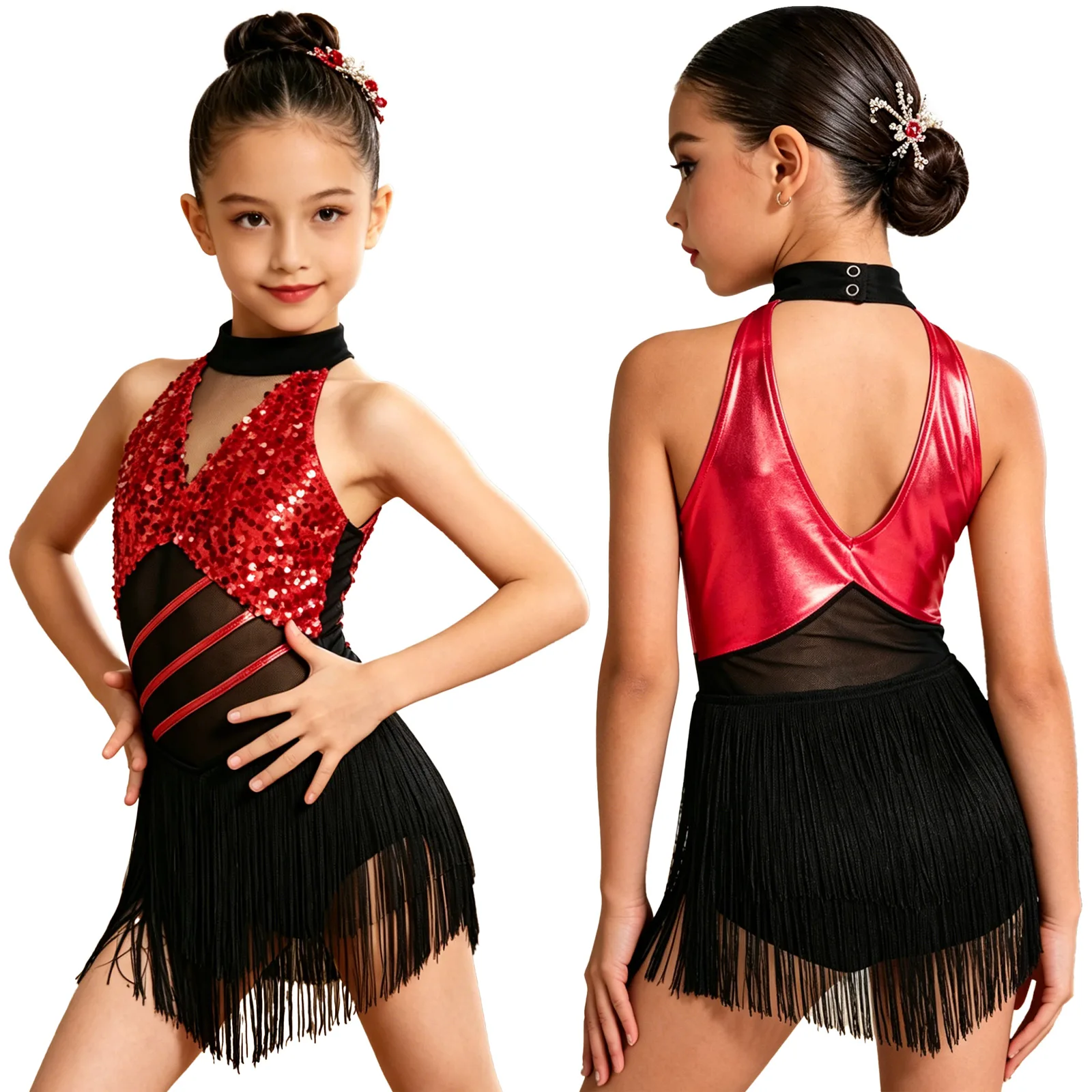 6-16Y Kids Girls Jazz Latin Dance Bodysuit Cha-cha Samba Rumba Tango Ballroom Dancewear Sleeveless Shiny Tassels Leotard Dress