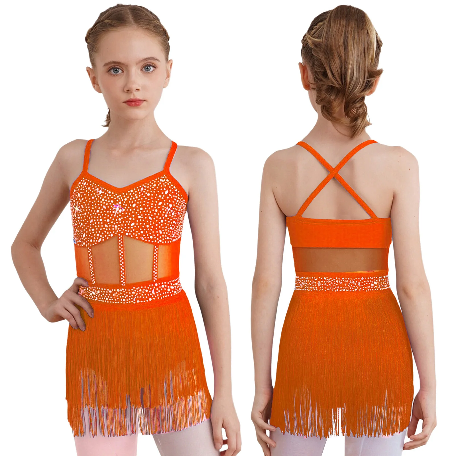 6-16Y Kids Girls Jazz Latin Dance Bodysuit Cha-cha Samba Rumba Tango Ballroom Dancewear Sleeveless Shiny Tassels Leotard Dress