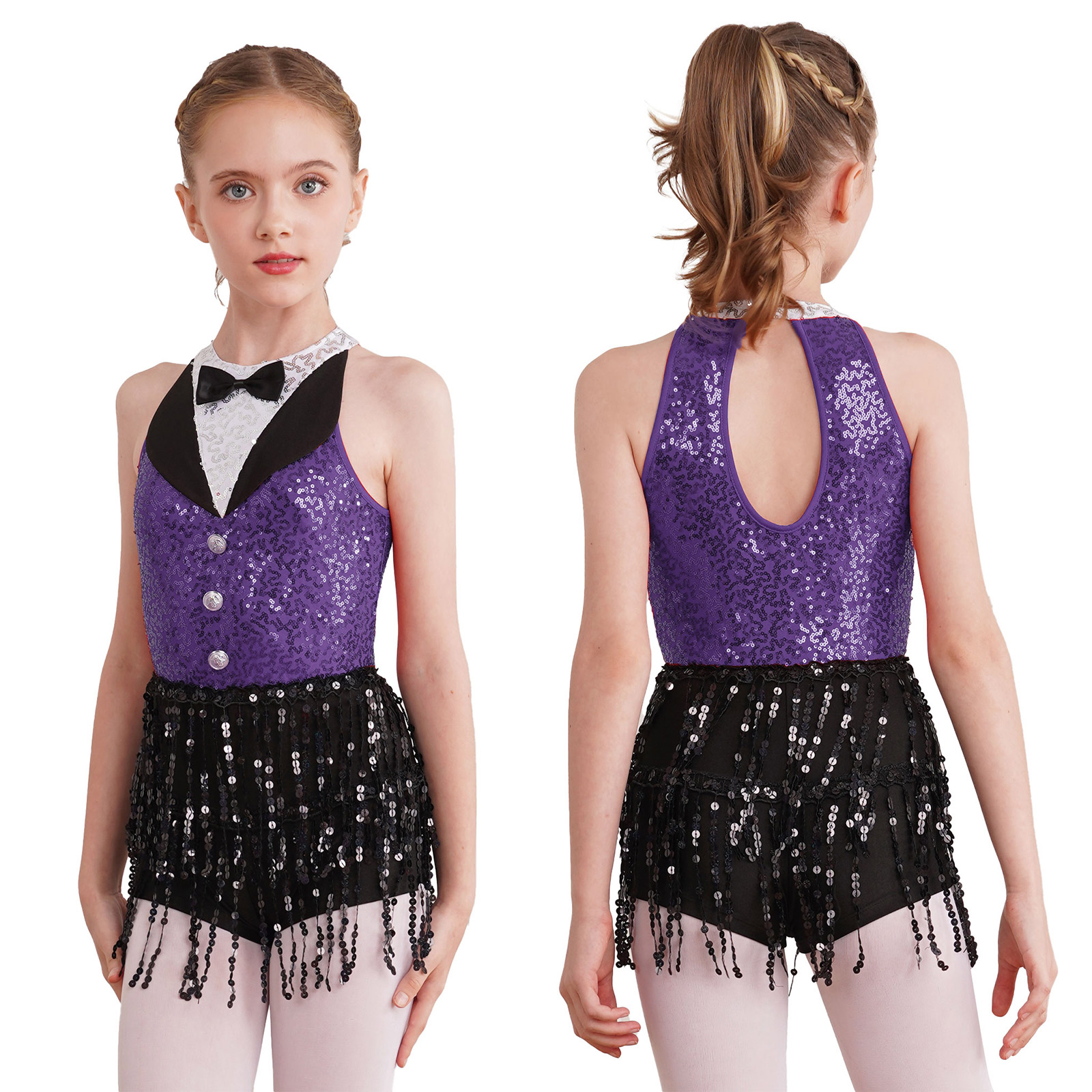 6-16Y Kids Girls Jazz Latin Dance Bodysuit Cha-cha Samba Rumba Tango Ballroom Dancewear Sleeveless Shiny Tassels Leotard Dress