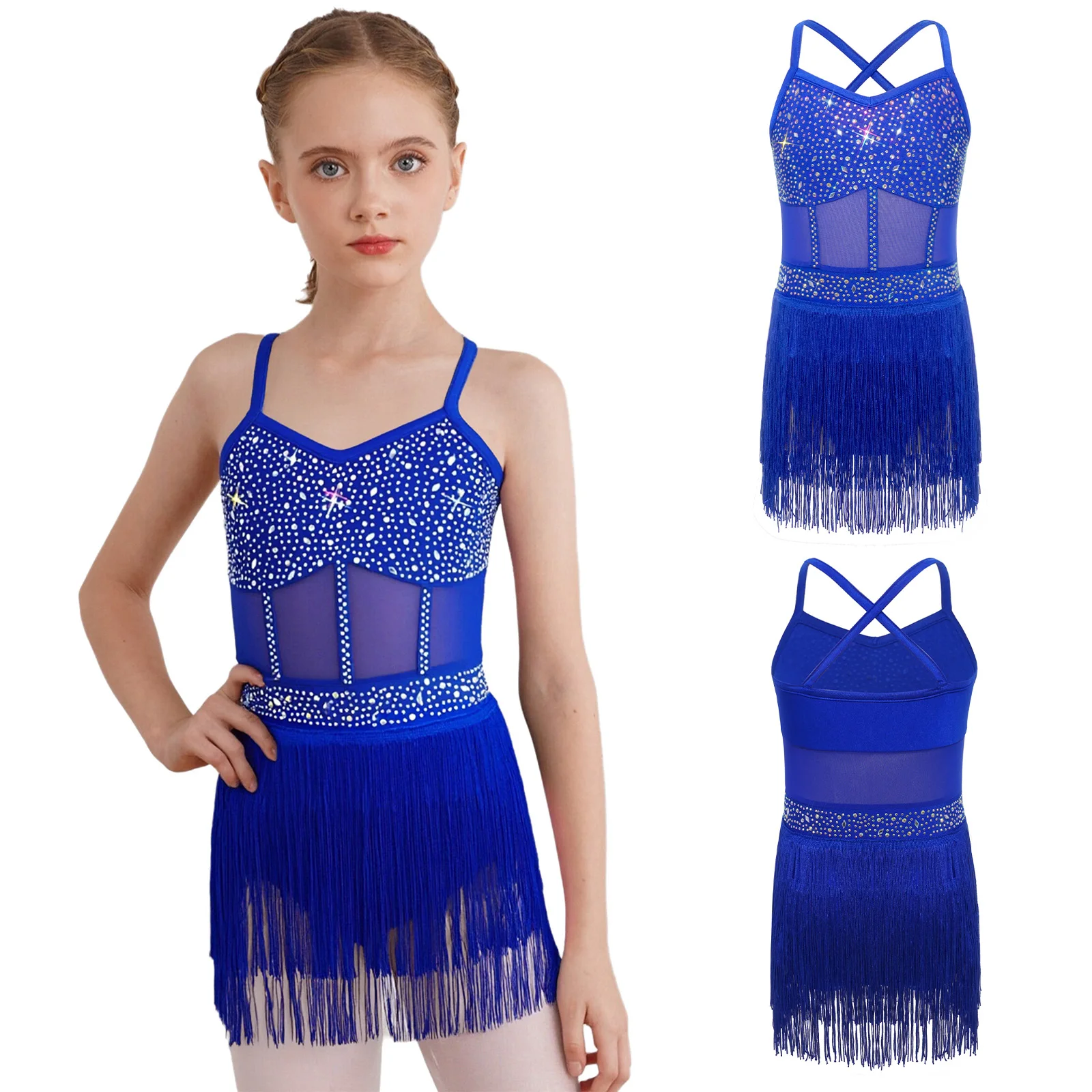 6-16Y Kids Girls Jazz Latin Dance Bodysuit Cha-cha Samba Rumba Tango Ballroom Dancewear Sleeveless Shiny Tassels Leotard Dress
