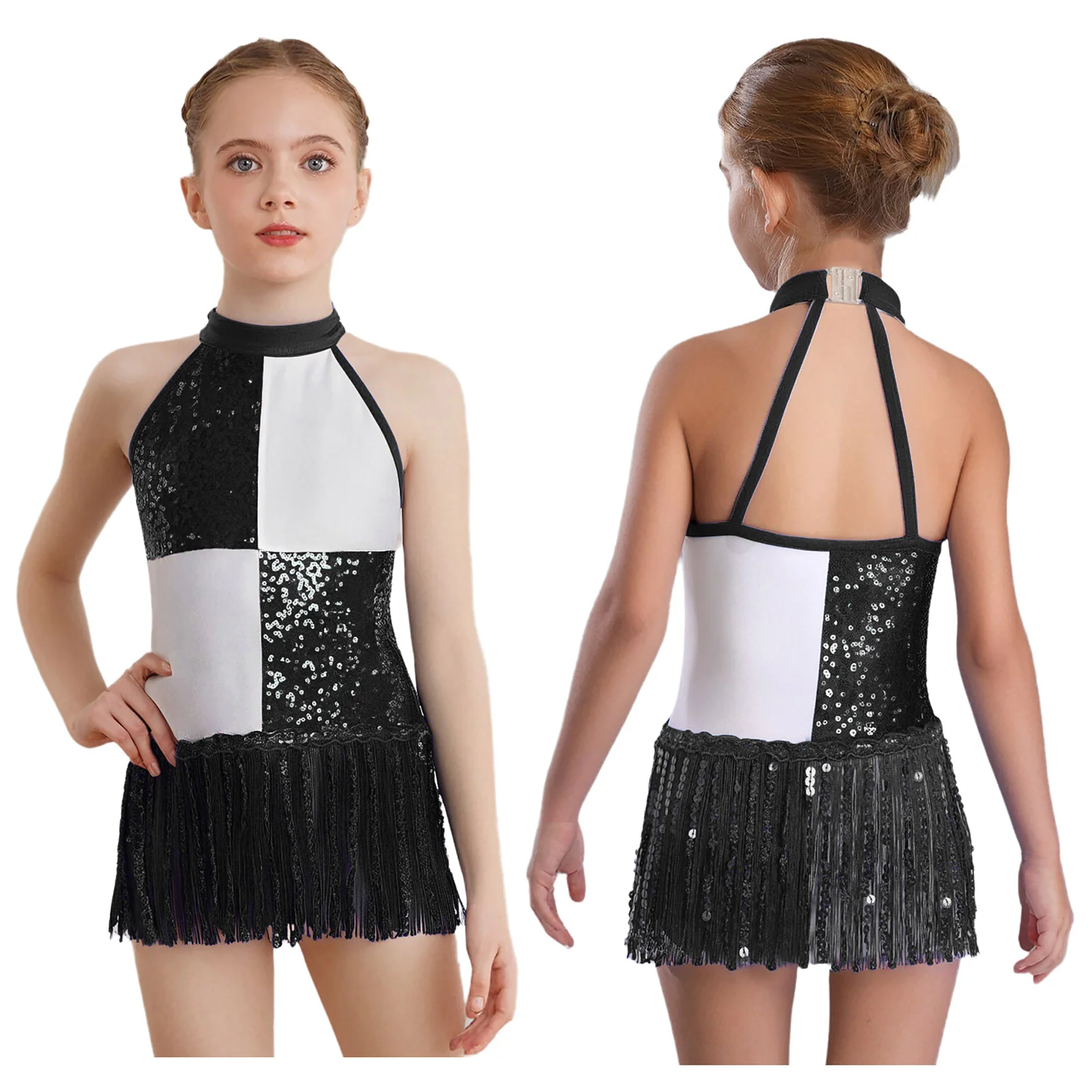 6-16Y Kids Girls Jazz Latin Dance Bodysuit Cha-cha Samba Rumba Tango Ballroom Dancewear Sleeveless Shiny Tassels Leotard Dress