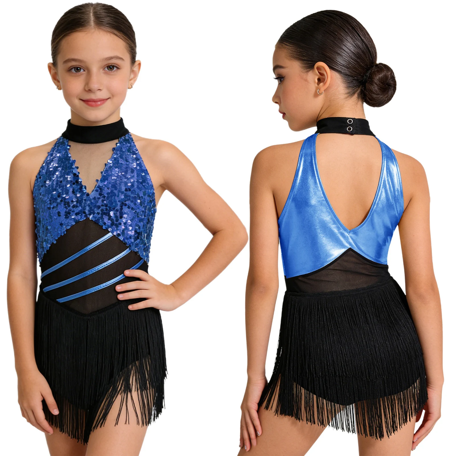 6-16Y Kids Girls Jazz Latin Dance Bodysuit Cha-cha Samba Rumba Tango Ballroom Dancewear Sleeveless Shiny Tassels Leotard Dress