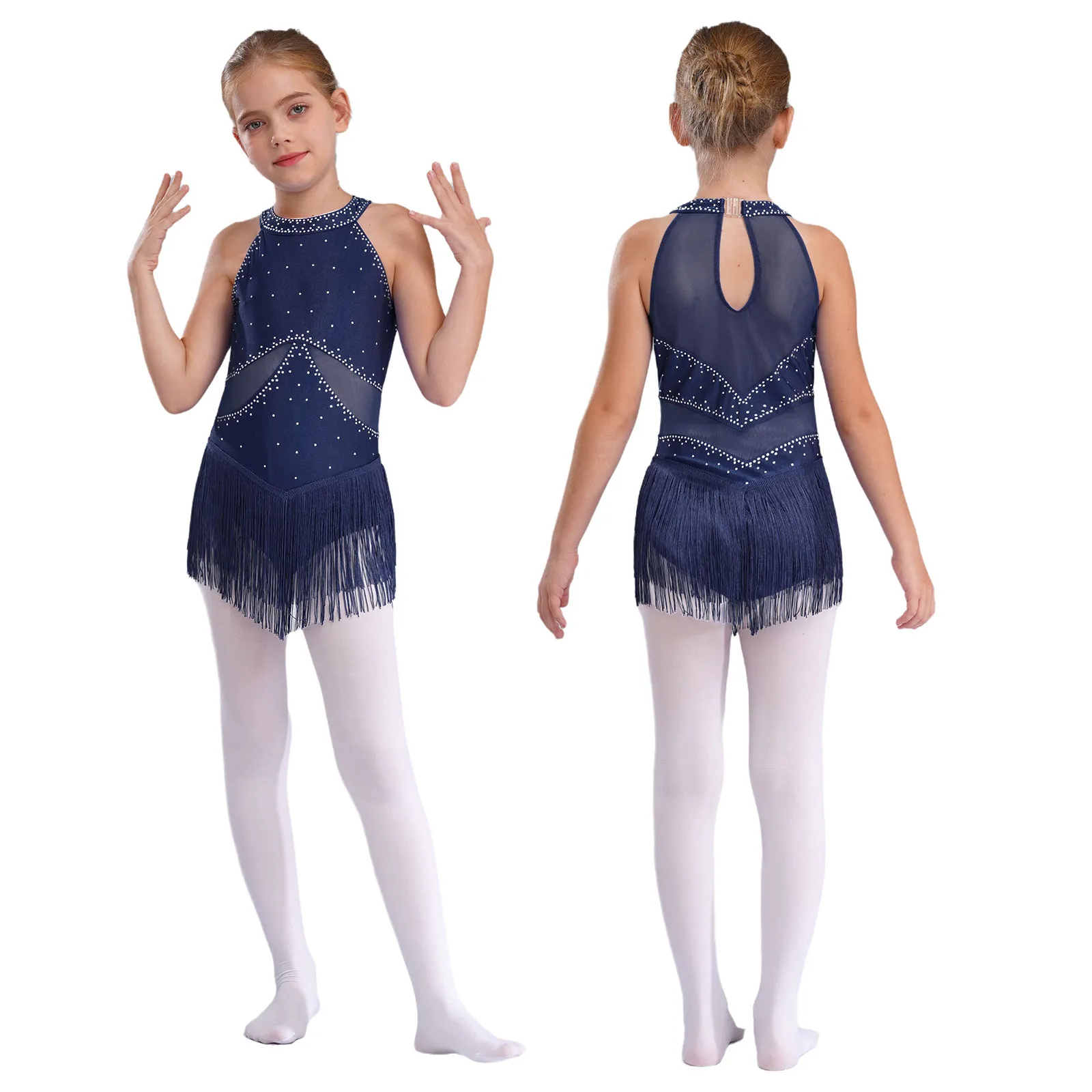 6-16Y Kids Girls Jazz Latin Dance Bodysuit Cha-cha Samba Rumba Tango Ballroom Dancewear Sleeveless Shiny Tassels Leotard Dress