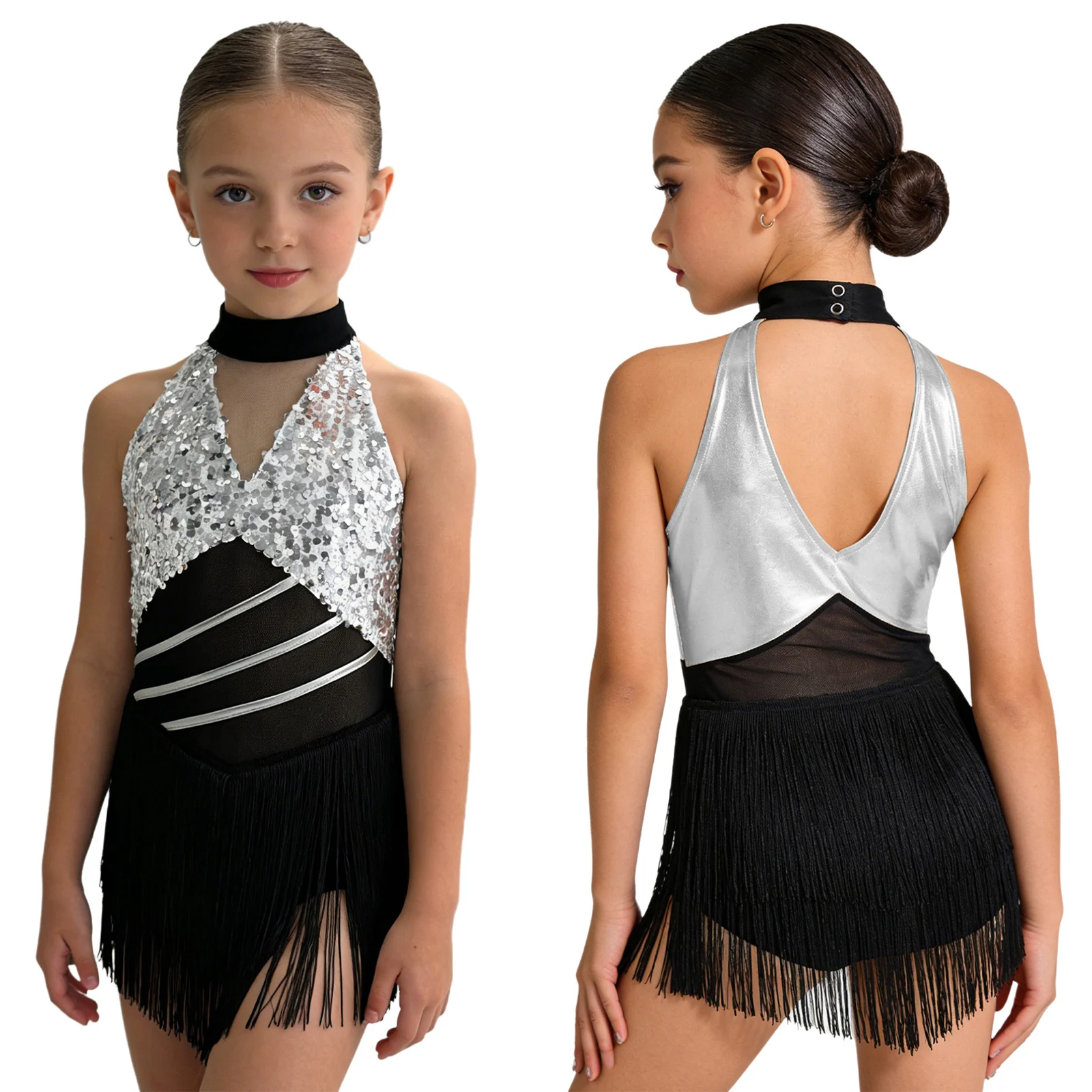 6-16Y Kids Girls Jazz Latin Dance Bodysuit Cha-cha Samba Rumba Tango Ballroom Dancewear Sleeveless Shiny Tassels Leotard Dress