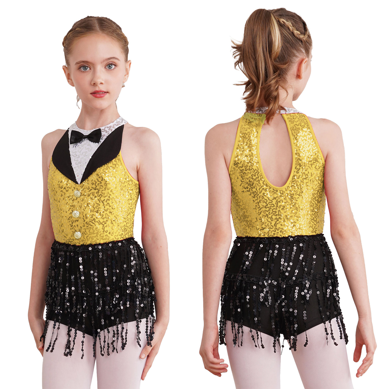 6-16Y Kids Girls Jazz Latin Dance Bodysuit Cha-cha Samba Rumba Tango Ballroom Dancewear Sleeveless Shiny Tassels Leotard Dress