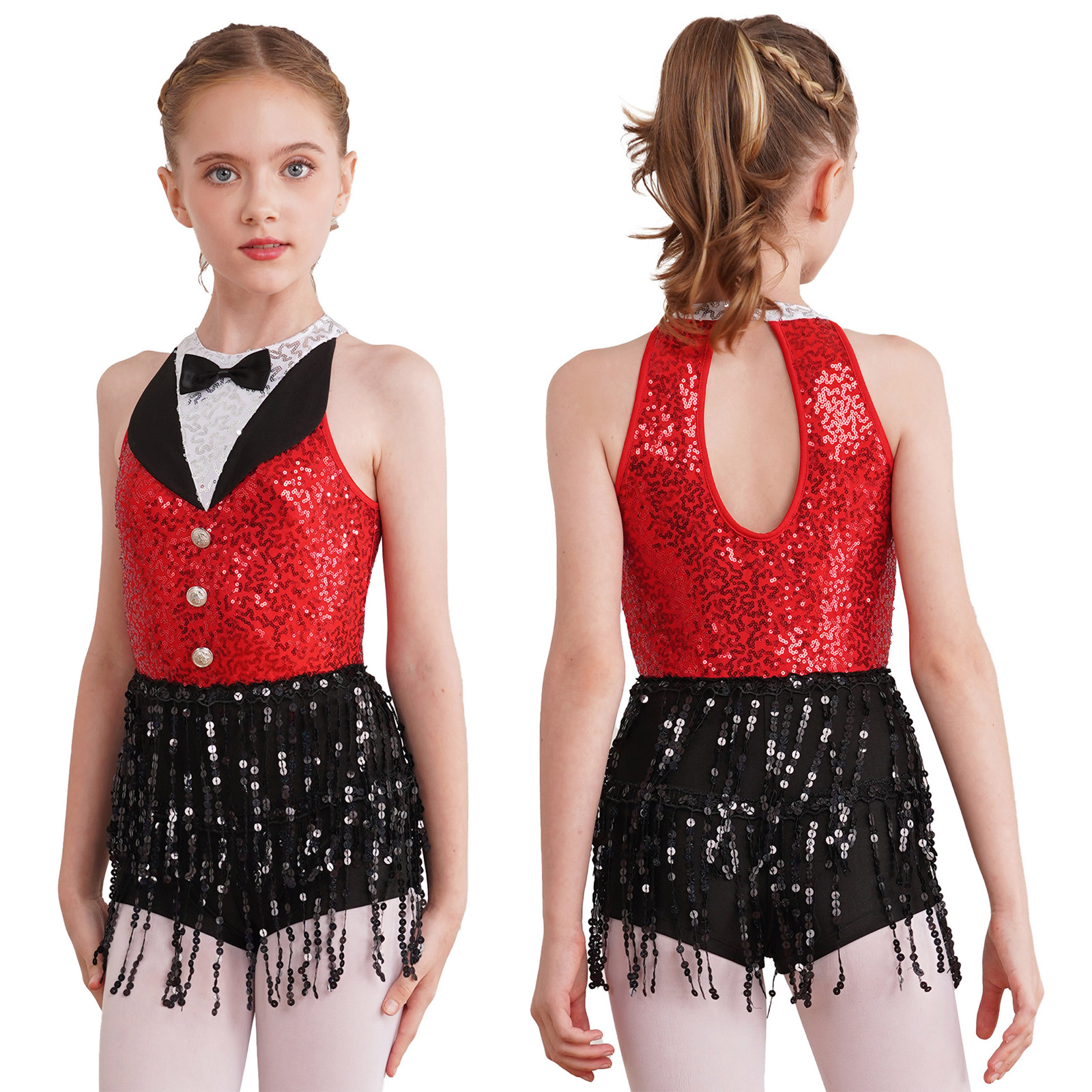 6-16Y Kids Girls Jazz Latin Dance Bodysuit Cha-cha Samba Rumba Tango Ballroom Dancewear Sleeveless Shiny Tassels Leotard Dress