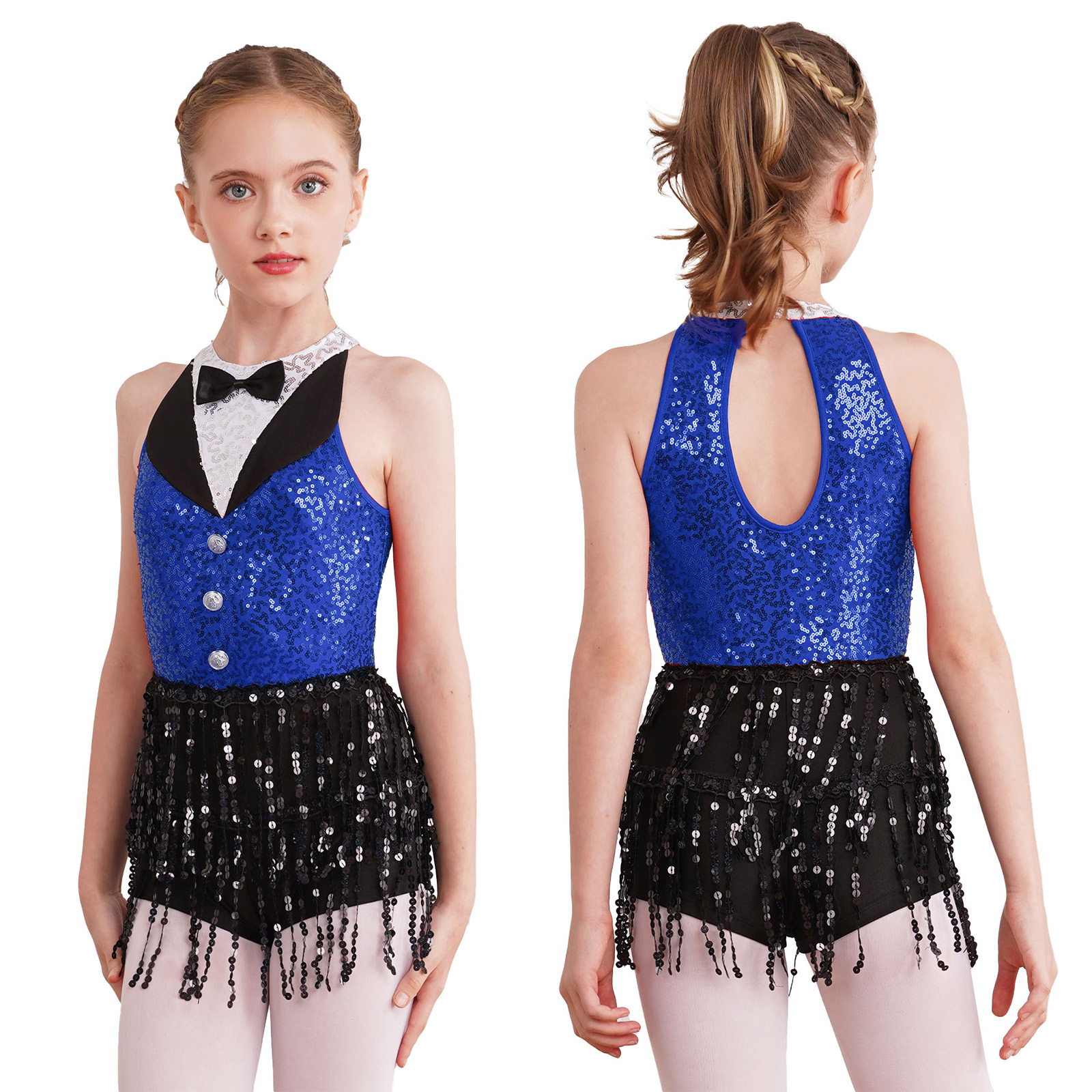 6-16Y Kids Girls Jazz Latin Dance Bodysuit Cha-cha Samba Rumba Tango Ballroom Dancewear Sleeveless Shiny Tassels Leotard Dress