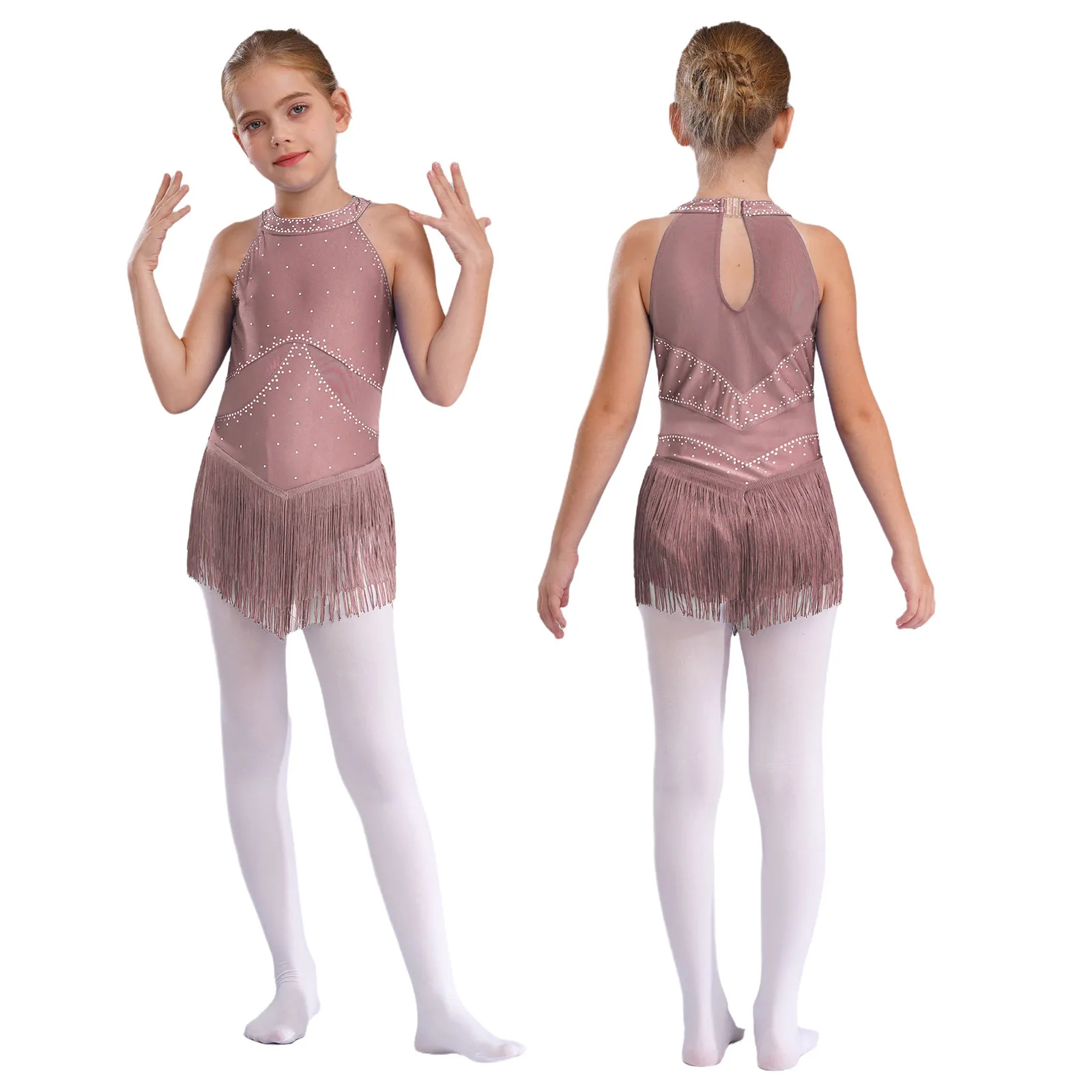 6-16Y Kids Girls Jazz Latin Dance Bodysuit Cha-cha Samba Rumba Tango Ballroom Dancewear Sleeveless Shiny Tassels Leotard Dress