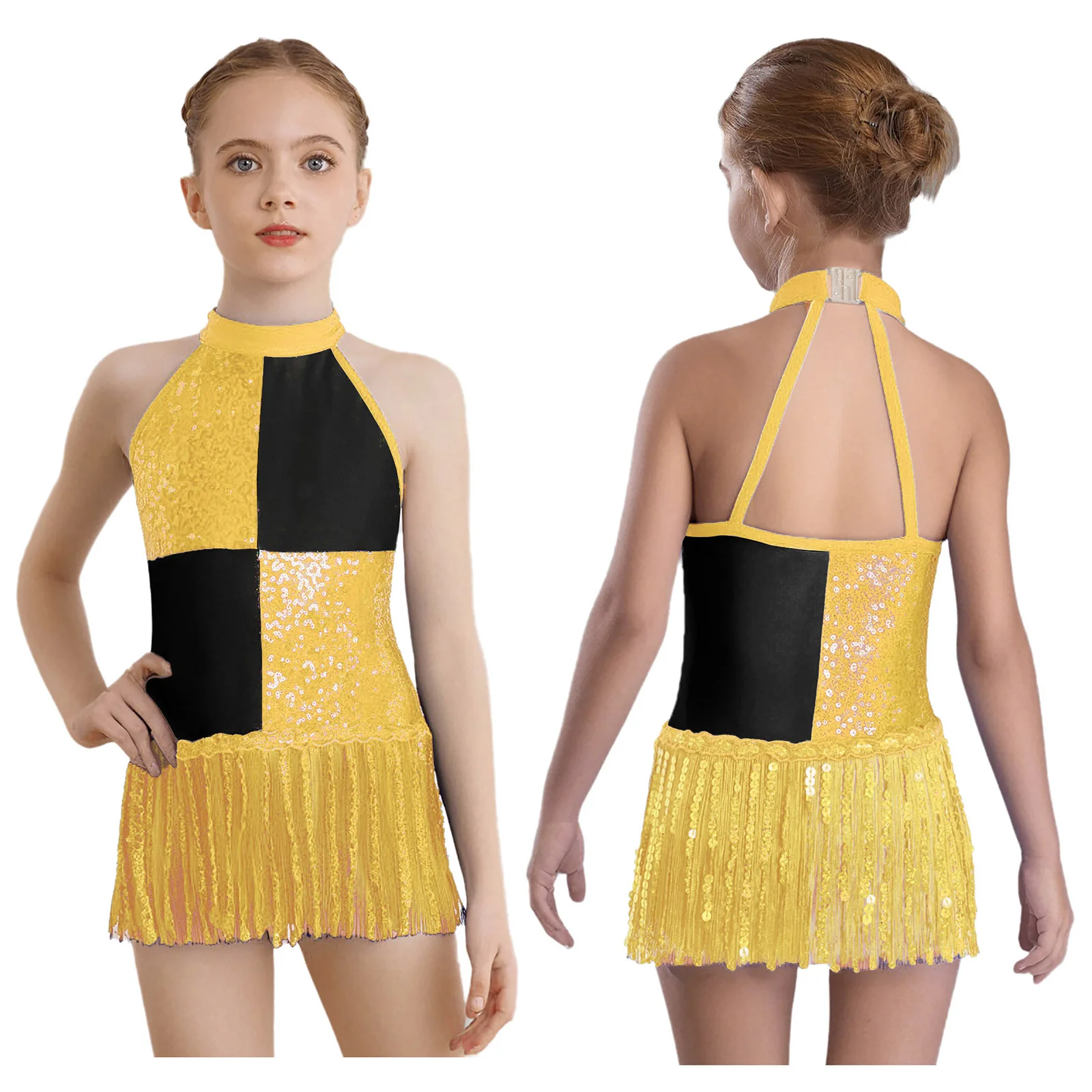 6-16Y Kids Girls Jazz Latin Dance Bodysuit Cha-cha Samba Rumba Tango Ballroom Dancewear Sleeveless Shiny Tassels Leotard Dress