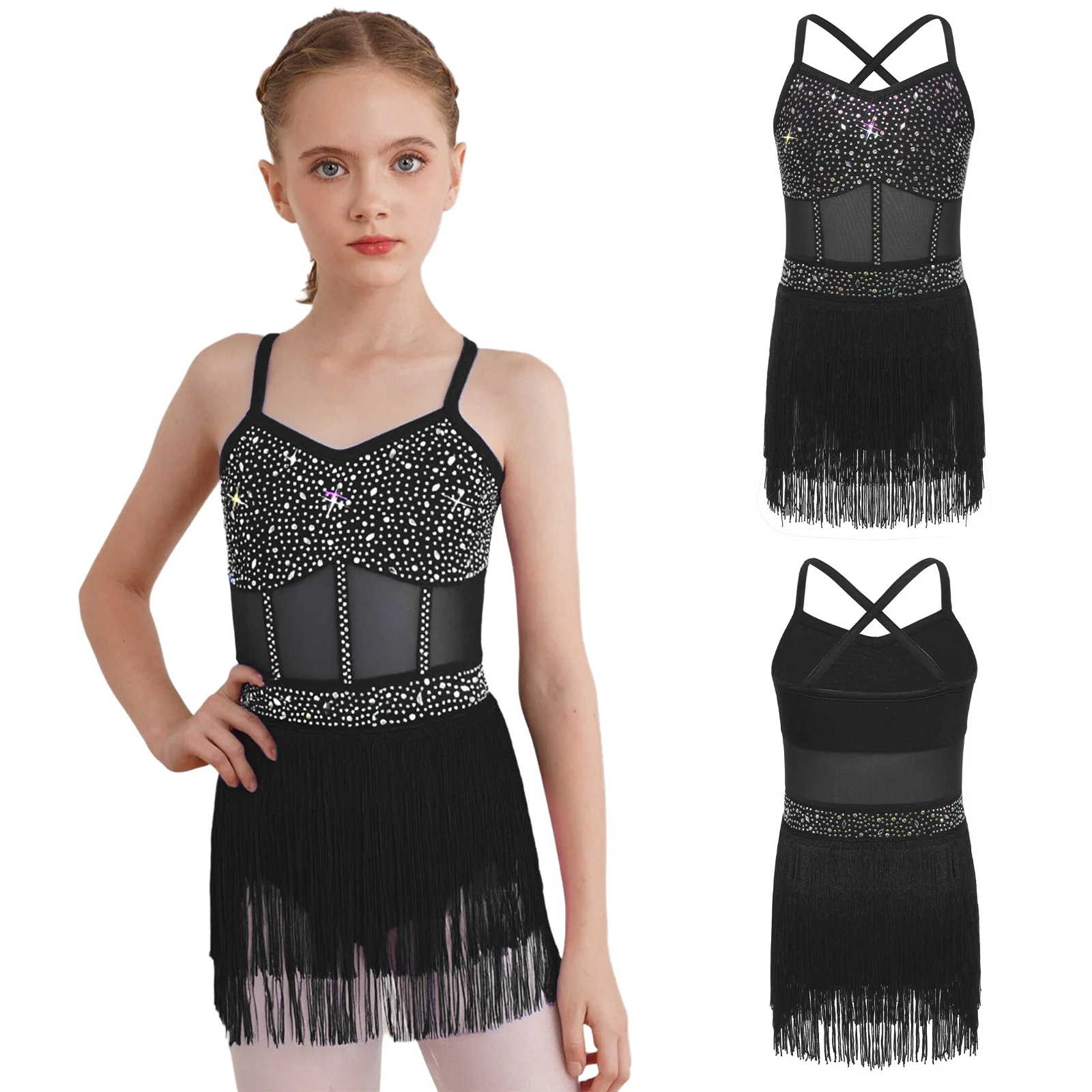 6-16Y Kids Girls Jazz Latin Dance Bodysuit Cha-cha Samba Rumba Tango Ballroom Dancewear Sleeveless Shiny Tassels Leotard Dress