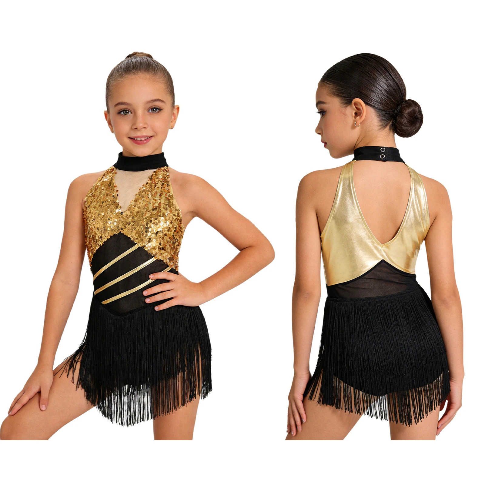 6-16Y Kids Girls Jazz Latin Dance Bodysuit Cha-cha Samba Rumba Tango Ballroom Dancewear Sleeveless Shiny Tassels Leotard Dress