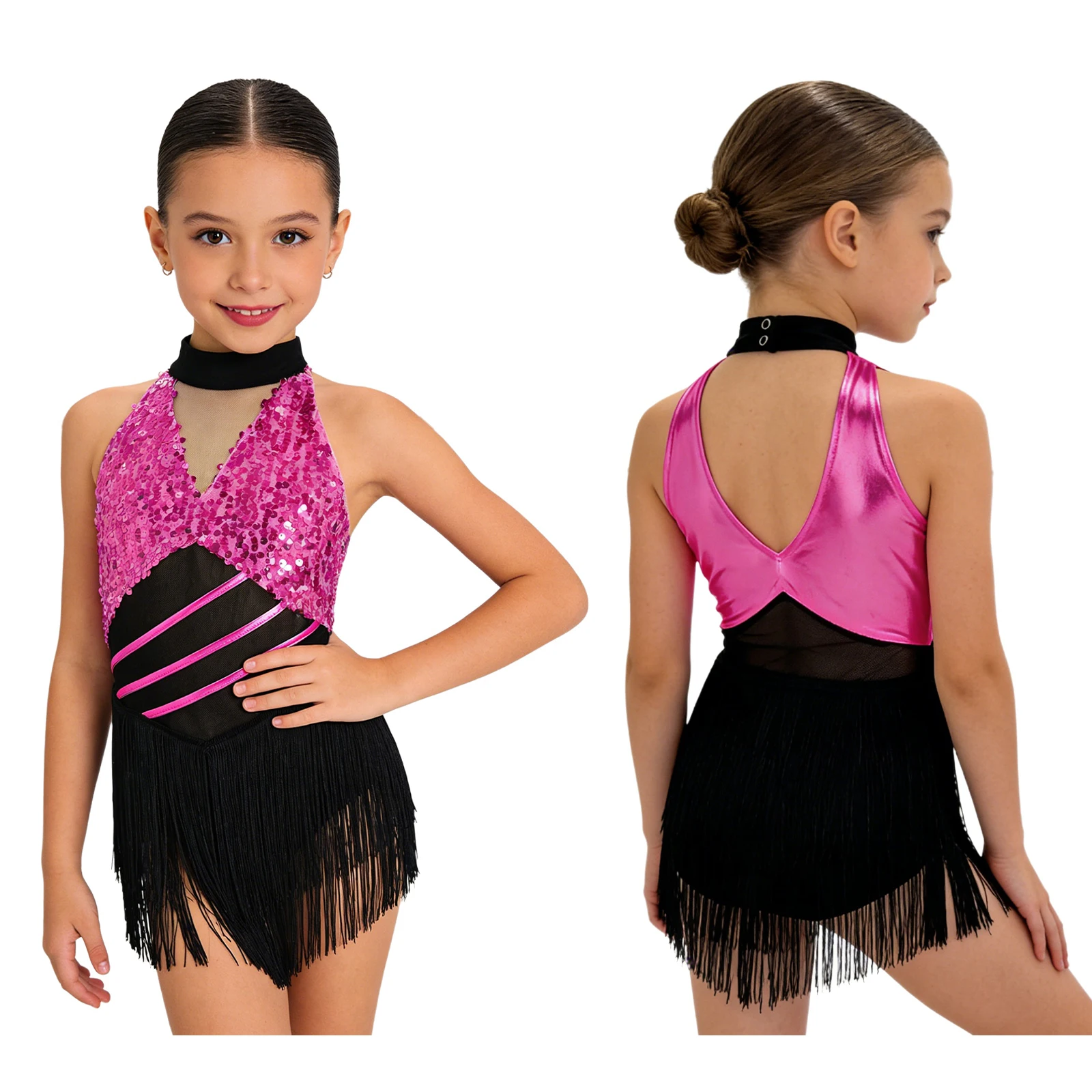6-16Y Kids Girls Jazz Latin Dance Bodysuit Cha-cha Samba Rumba Tango Ballroom Dancewear Sleeveless Shiny Tassels Leotard Dress