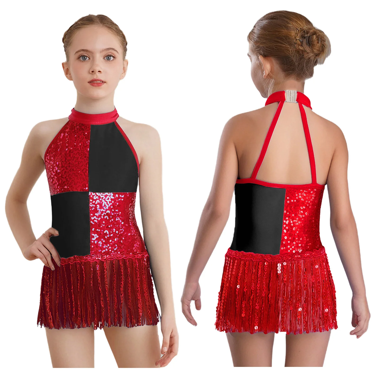 6-16Y Kids Girls Jazz Latin Dance Bodysuit Cha-cha Samba Rumba Tango Ballroom Dancewear Sleeveless Shiny Tassels Leotard Dress