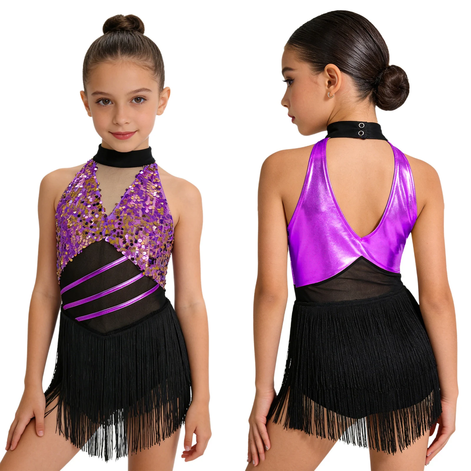 6-16Y Kids Girls Jazz Latin Dance Bodysuit Cha-cha Samba Rumba Tango Ballroom Dancewear Sleeveless Shiny Tassels Leotard Dress