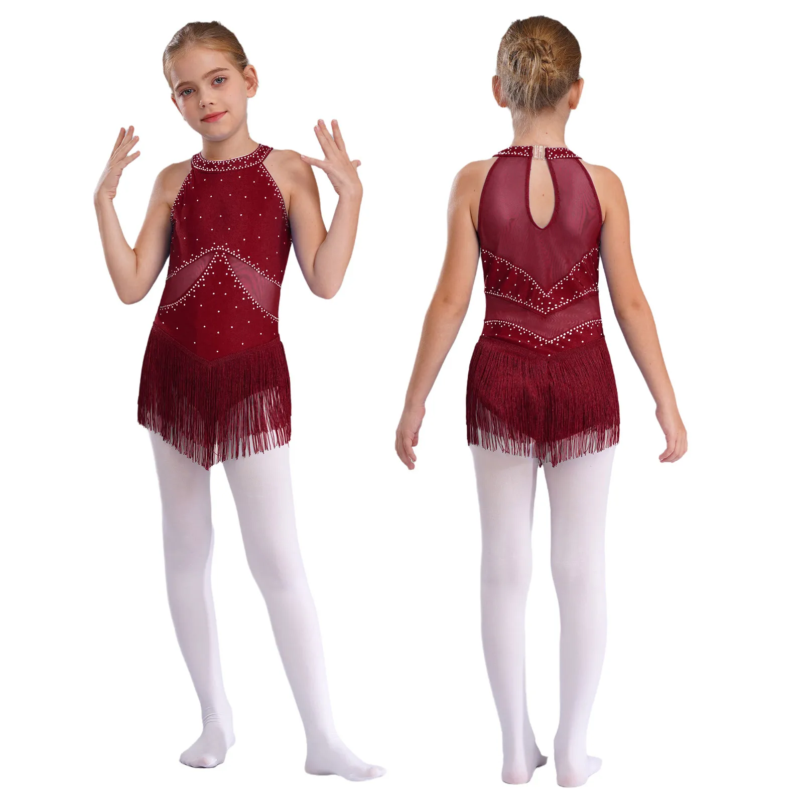 6-16Y Kids Girls Jazz Latin Dance Bodysuit Cha-cha Samba Rumba Tango Ballroom Dancewear Sleeveless Shiny Tassels Leotard Dress