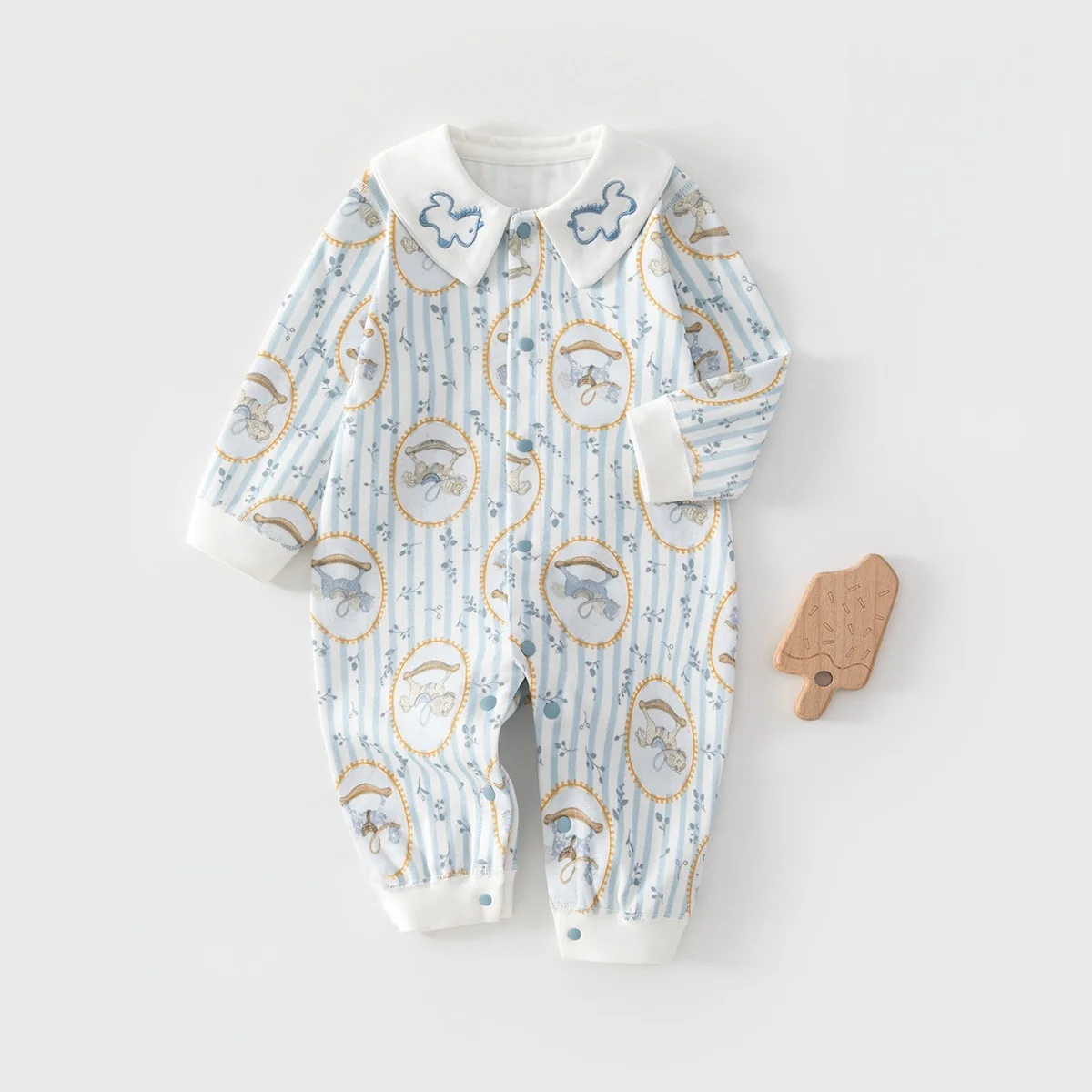 2026 Spring Newborn Baby Jumpsuit Cotton Full Print Romper 0-24M Toddler Girls Boys Collar Detail Soft Sleepwear Onesie