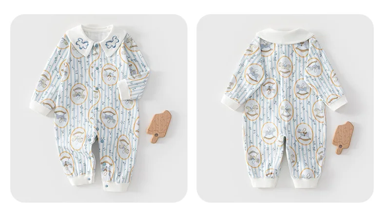 2026 Spring Newborn Baby Jumpsuit Cotton Full Print Romper 0-24M Toddler Girls Boys Collar Detail Soft Sleepwear Onesie