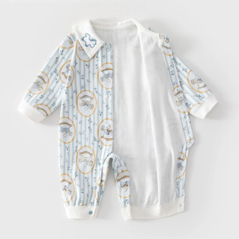 2026 Spring Newborn Baby Jumpsuit Cotton Full Print Romper 0-24M Toddler Girls Boys Collar Detail Soft Sleepwear Onesie