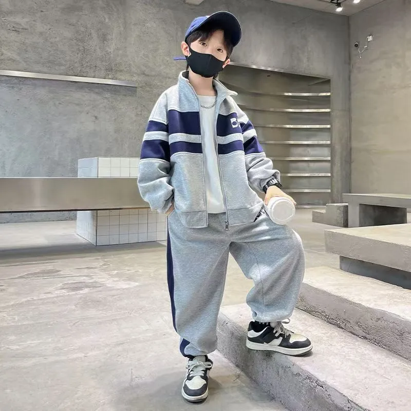 Fashion Boys Clothing Set Spring Autumn Patchwork Zipper Coat Pants 2Pcs For 4-12 Years Kids Tracksuits Teenager Casual Outfits