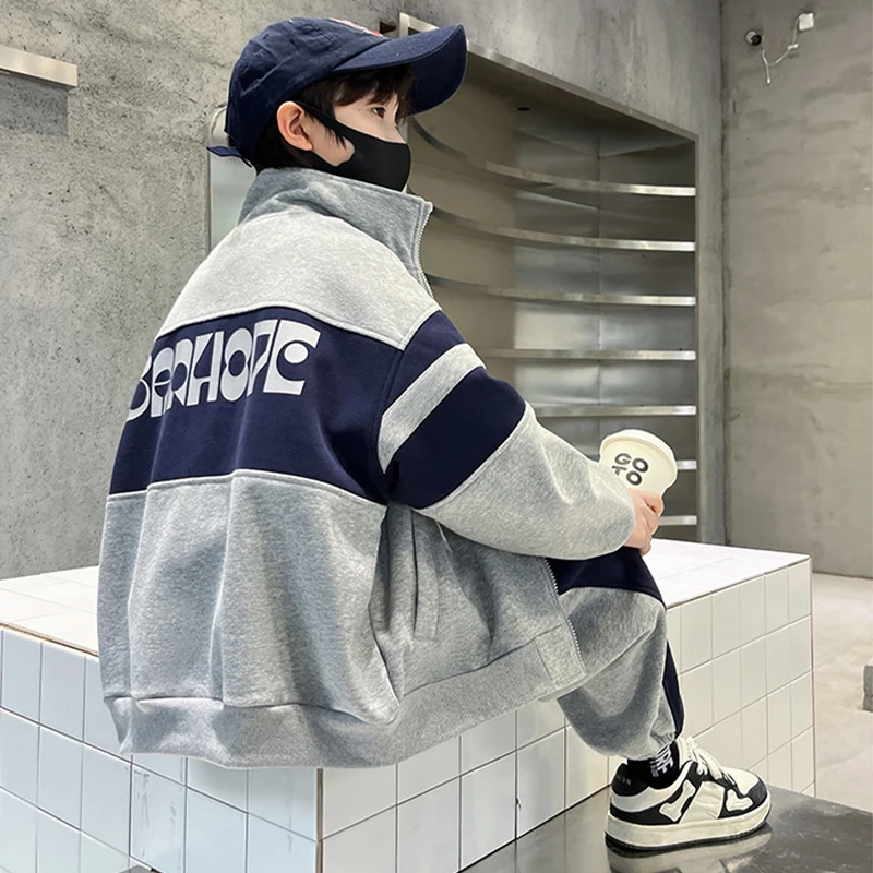 Fashion Boys Clothing Set Spring Autumn Patchwork Zipper Coat Pants 2Pcs For 4-12 Years Kids Tracksuits Teenager Casual Outfits