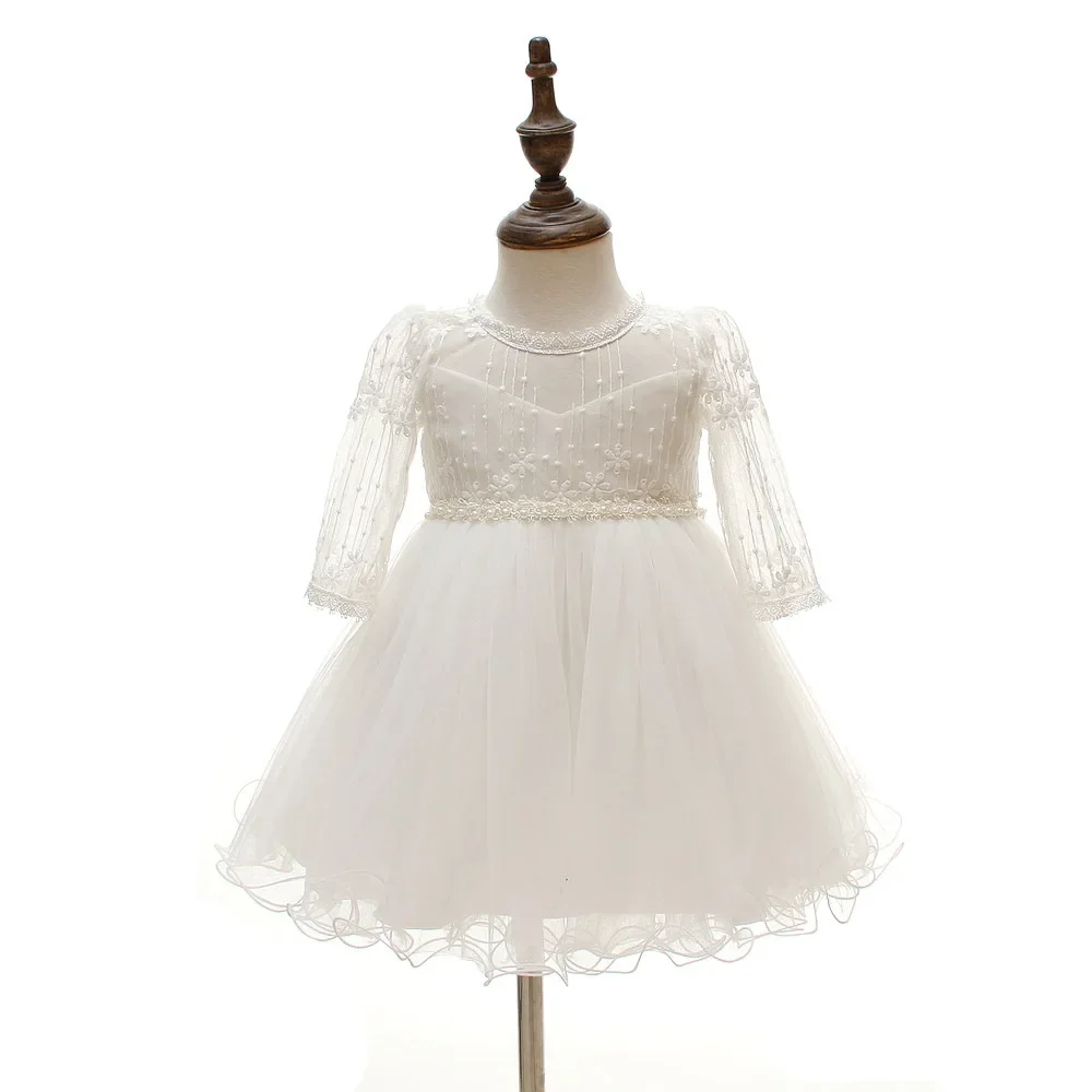 0-24 Months Long Sleeve Baby Girl Dress Infant Toddler Birthday Party Dresses Little Girls White Wedding Baptism Dress 8515
