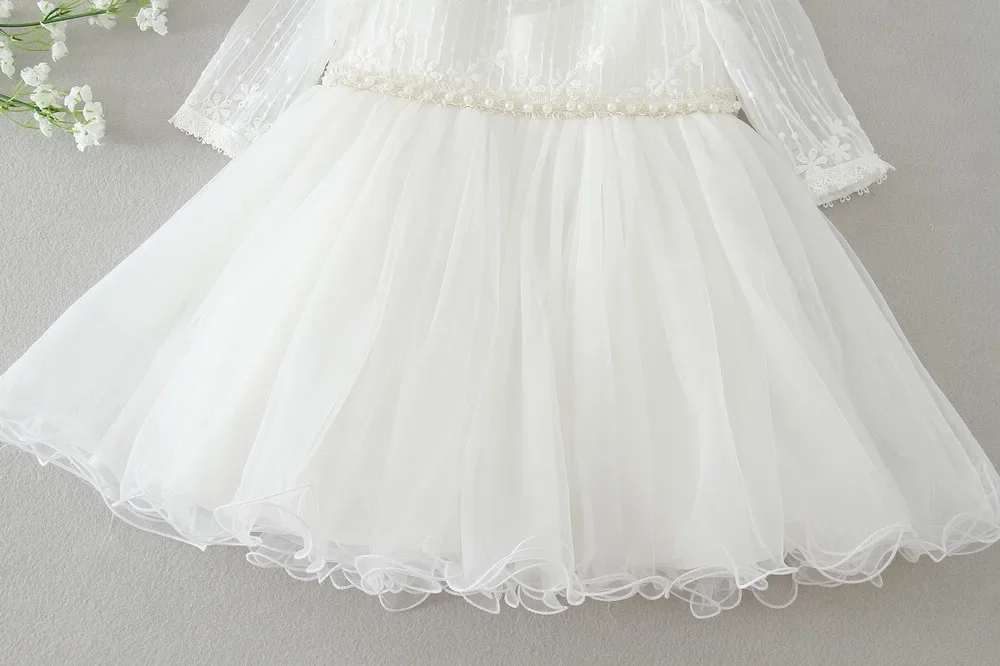 0-24 Months Long Sleeve Baby Girl Dress Infant Toddler Birthday Party Dresses Little Girls White Wedding Baptism Dress 8515