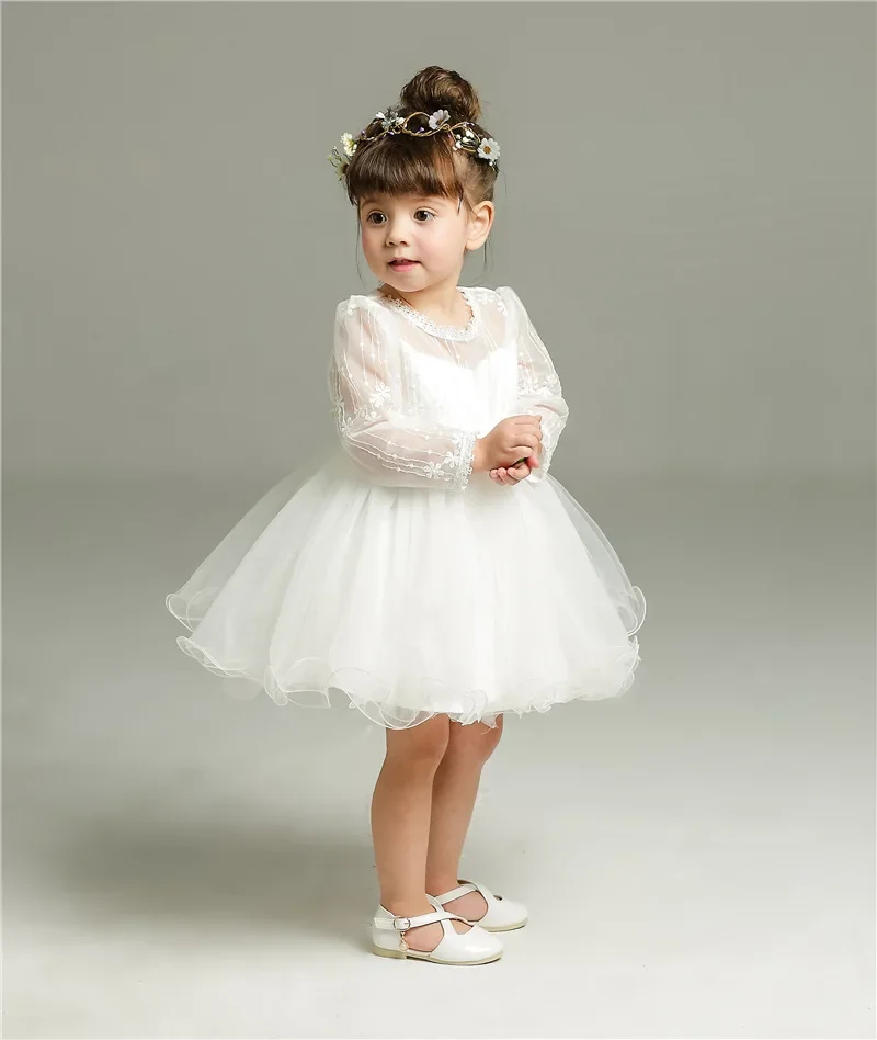 0-24 Months Long Sleeve Baby Girl Dress Infant Toddler Birthday Party Dresses Little Girls White Wedding Baptism Dress 8515