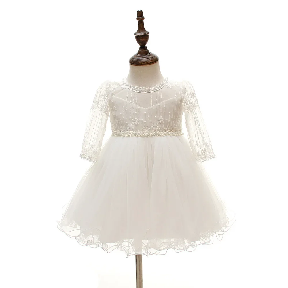 0-24 Months Long Sleeve Baby Girl Dress Infant Toddler Birthday Party Dresses Little Girls White Wedding Baptism Dress 8515