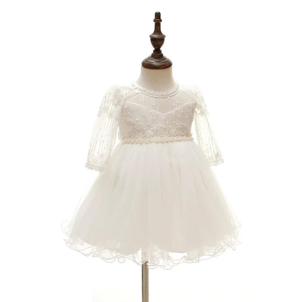 0-24 Months Long Sleeve Baby Girl Dress Infant Toddler Birthday Party Dresses Little Girls White Wedding Baptism Dress 8515