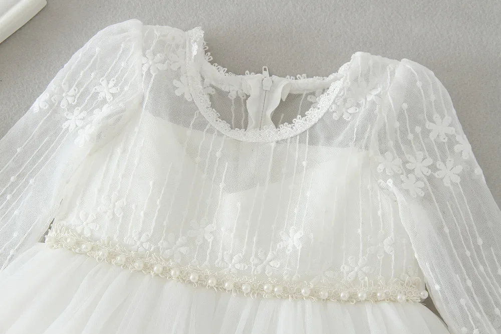 0-24 Months Long Sleeve Baby Girl Dress Infant Toddler Birthday Party Dresses Little Girls White Wedding Baptism Dress 8515