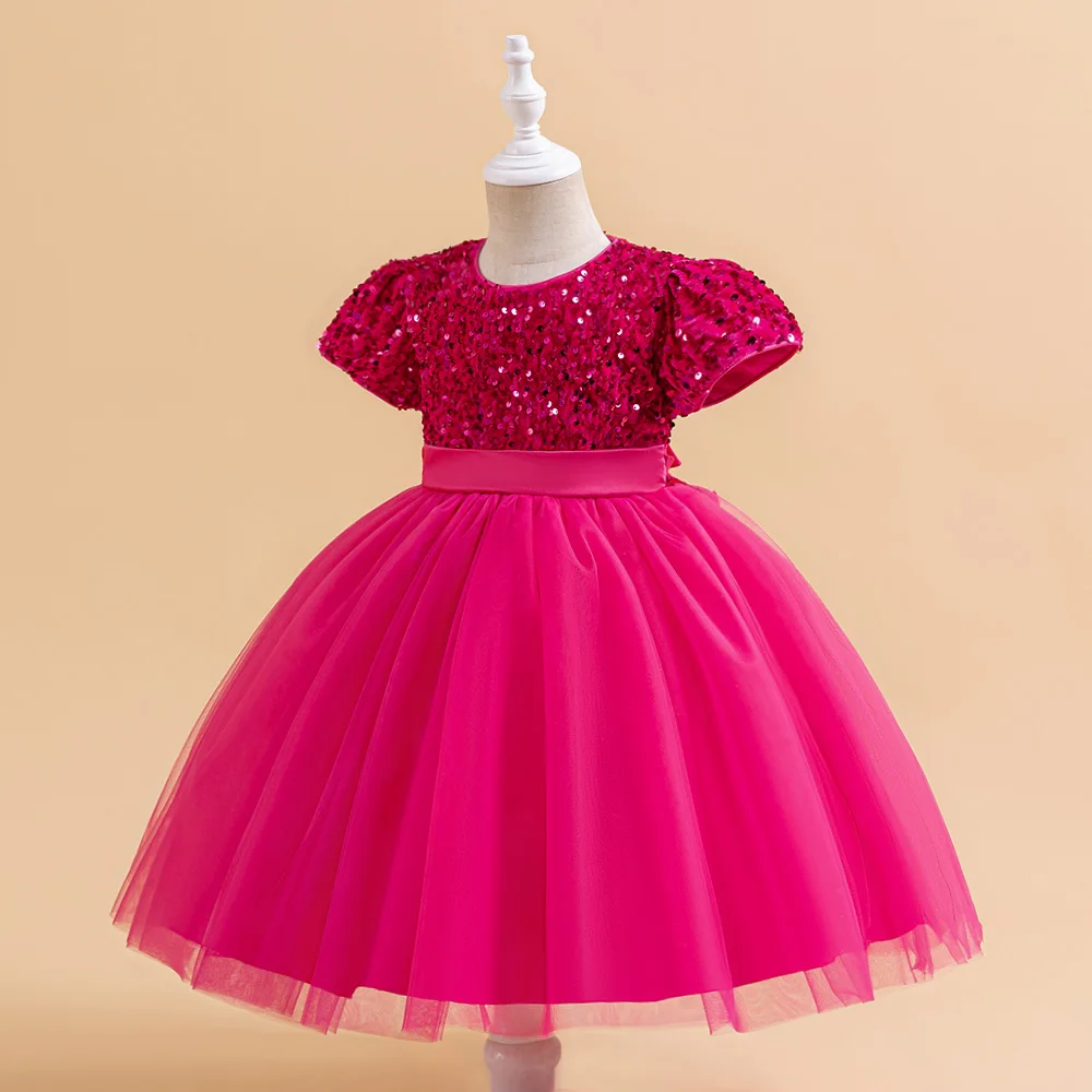 Summer Sequins Bow Party Dress For Girl Christmas Costume Elegant Wedding Princess Girls Dresses Lace Birthday Prom Gown Evening