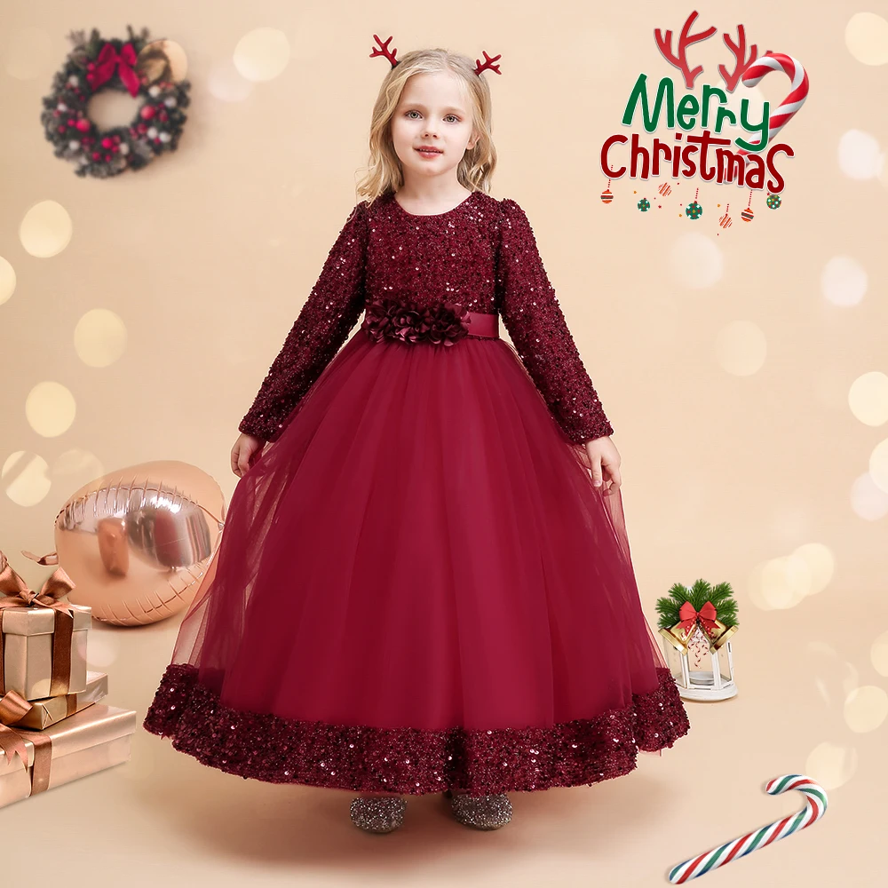 Long Sleeve Sequin Bridesmaid Girls Dresses Elegant Tulle Flower Wedding Princess Kids Party Dress for Girl Bow Chrismas Costume
