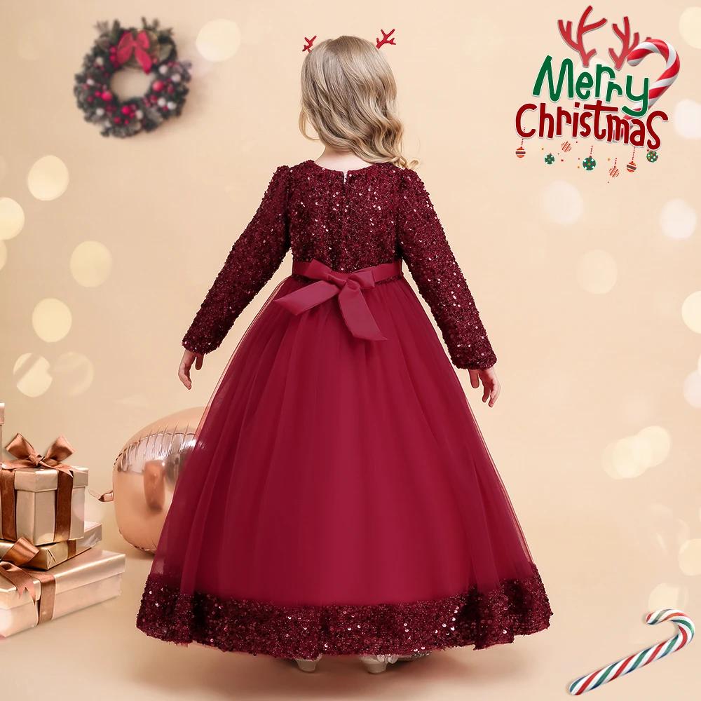 Long Sleeve Sequin Bridesmaid Girls Dresses Elegant Tulle Flower Wedding Princess Kids Party Dress for Girl Bow Chrismas Costume