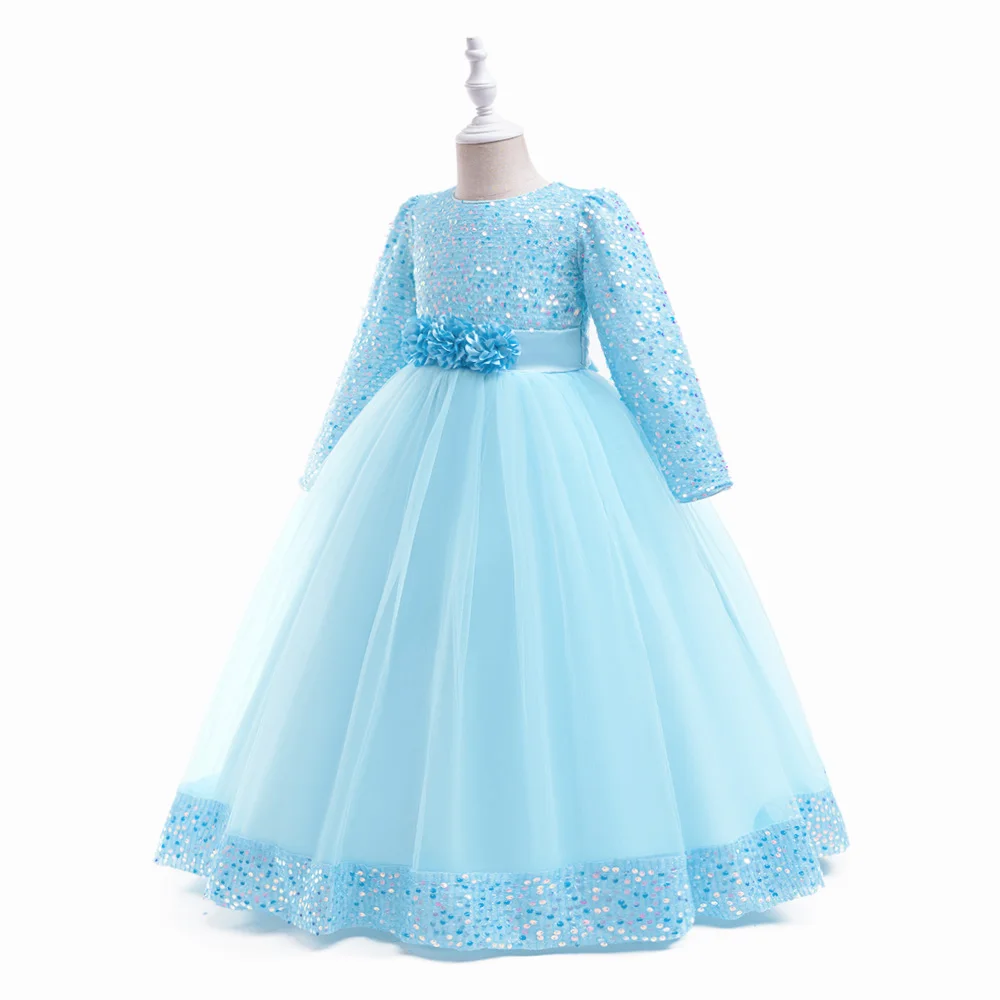 Long Sleeve Sequin Bridesmaid Girls Dresses Elegant Tulle Flower Wedding Princess Kids Party Dress for Girl Bow Chrismas Costume