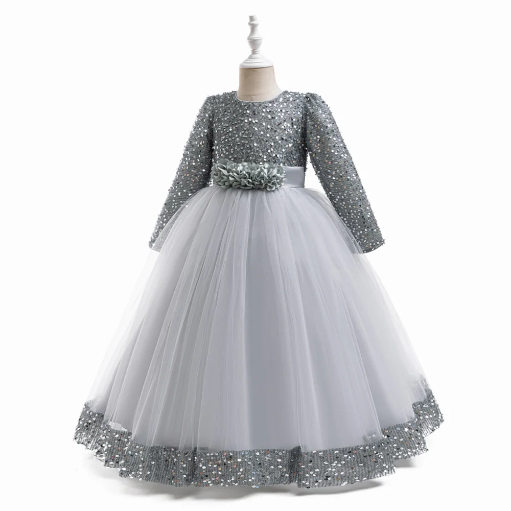 Long Sleeve Sequin Bridesmaid Girls Dresses Elegant Tulle Flower Wedding Princess Kids Party Dress for Girl Bow Chrismas Costume