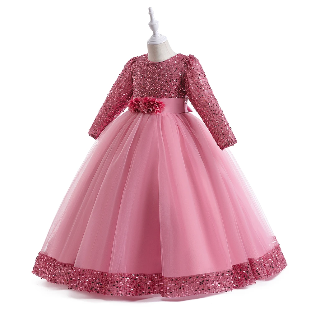 Long Sleeve Sequin Bridesmaid Girls Dresses Elegant Tulle Flower Wedding Princess Kids Party Dress for Girl Bow Chrismas Costume