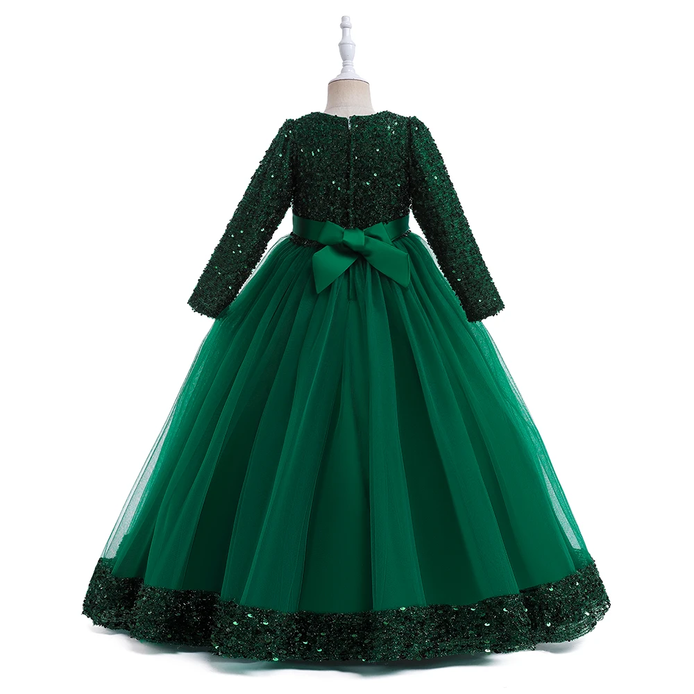 Long Sleeve Sequin Bridesmaid Girls Dresses Elegant Tulle Flower Wedding Princess Kids Party Dress for Girl Bow Chrismas Costume