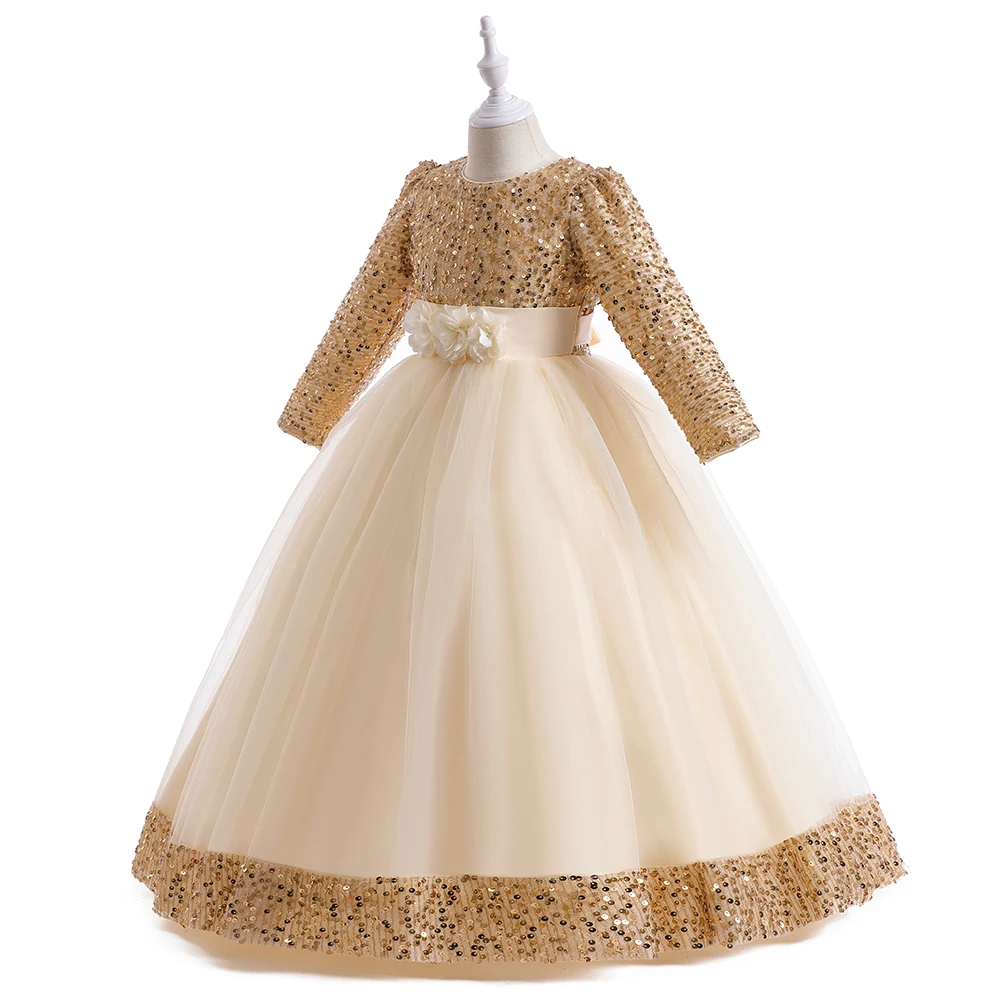 Long Sleeve Sequin Bridesmaid Girls Dresses Elegant Tulle Flower Wedding Princess Kids Party Dress for Girl Bow Chrismas Costume