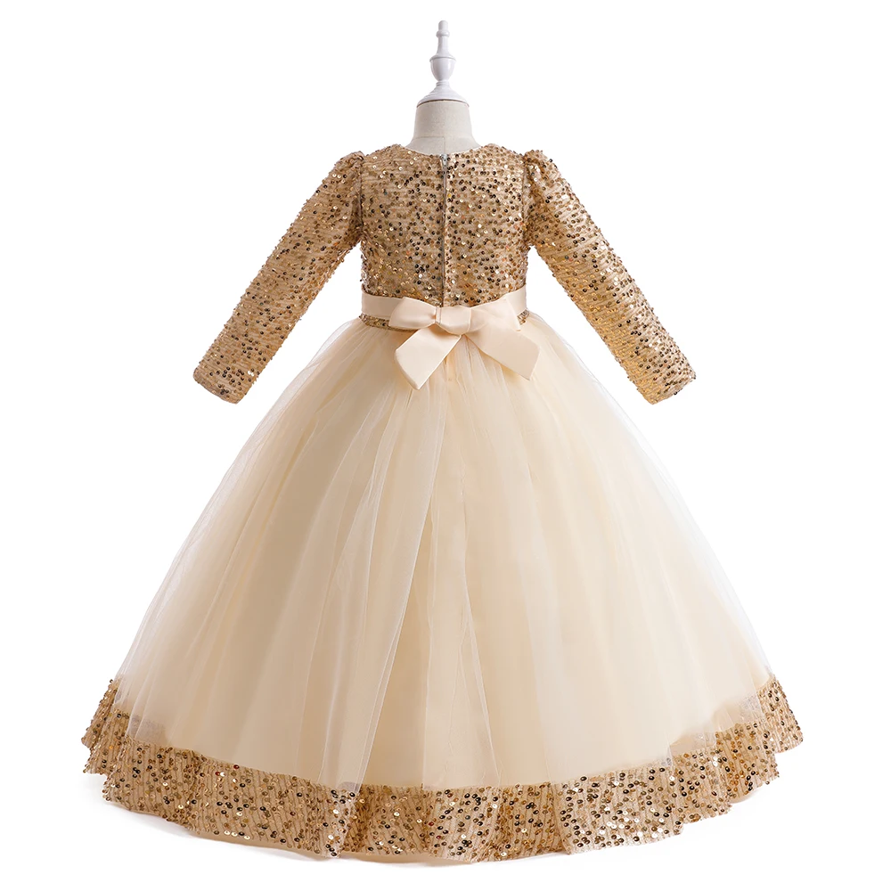 Long Sleeve Sequin Bridesmaid Girls Dresses Elegant Tulle Flower Wedding Princess Kids Party Dress for Girl Bow Chrismas Costume