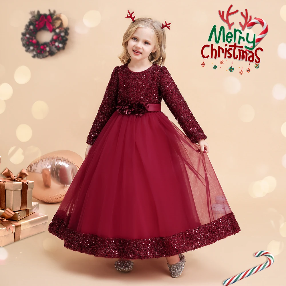 Long Sleeve Sequin Bridesmaid Girls Dresses Elegant Tulle Flower Wedding Princess Kids Party Dress for Girl Bow Chrismas Costume