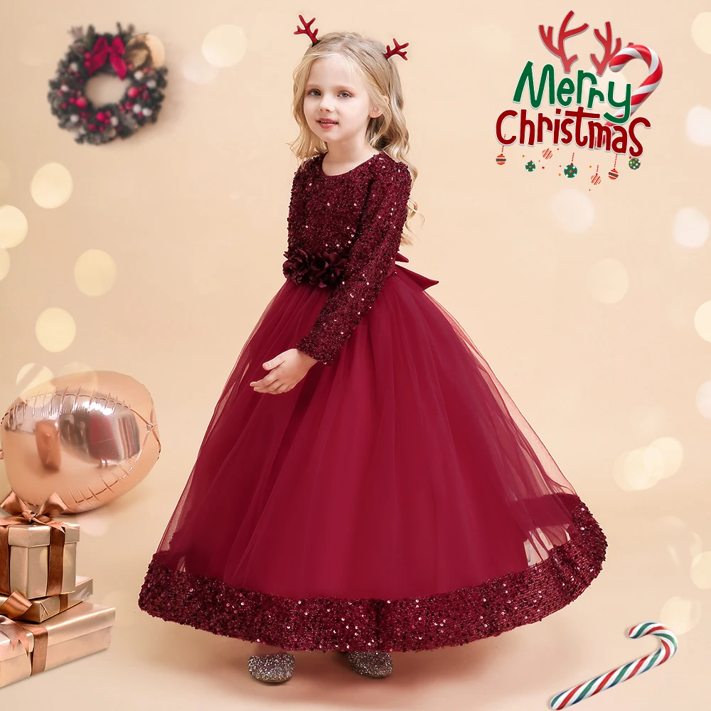 Long Sleeve Sequin Bridesmaid Girls Dresses Elegant Tulle Flower Wedding Princess Kids Party Dress for Girl Bow Chrismas Costume