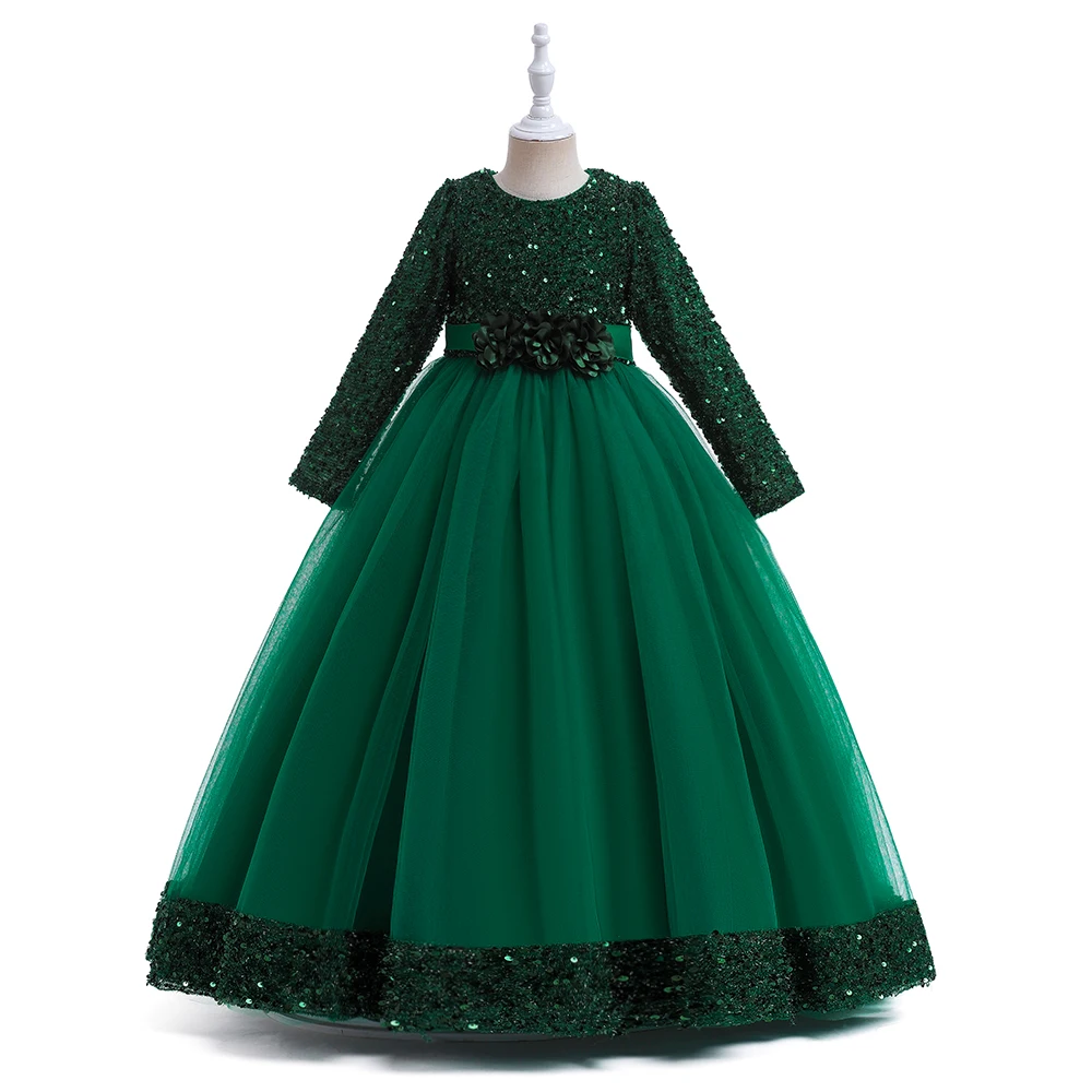 Long Sleeve Sequin Bridesmaid Girls Dresses Elegant Tulle Flower Wedding Princess Kids Party Dress for Girl Bow Chrismas Costume